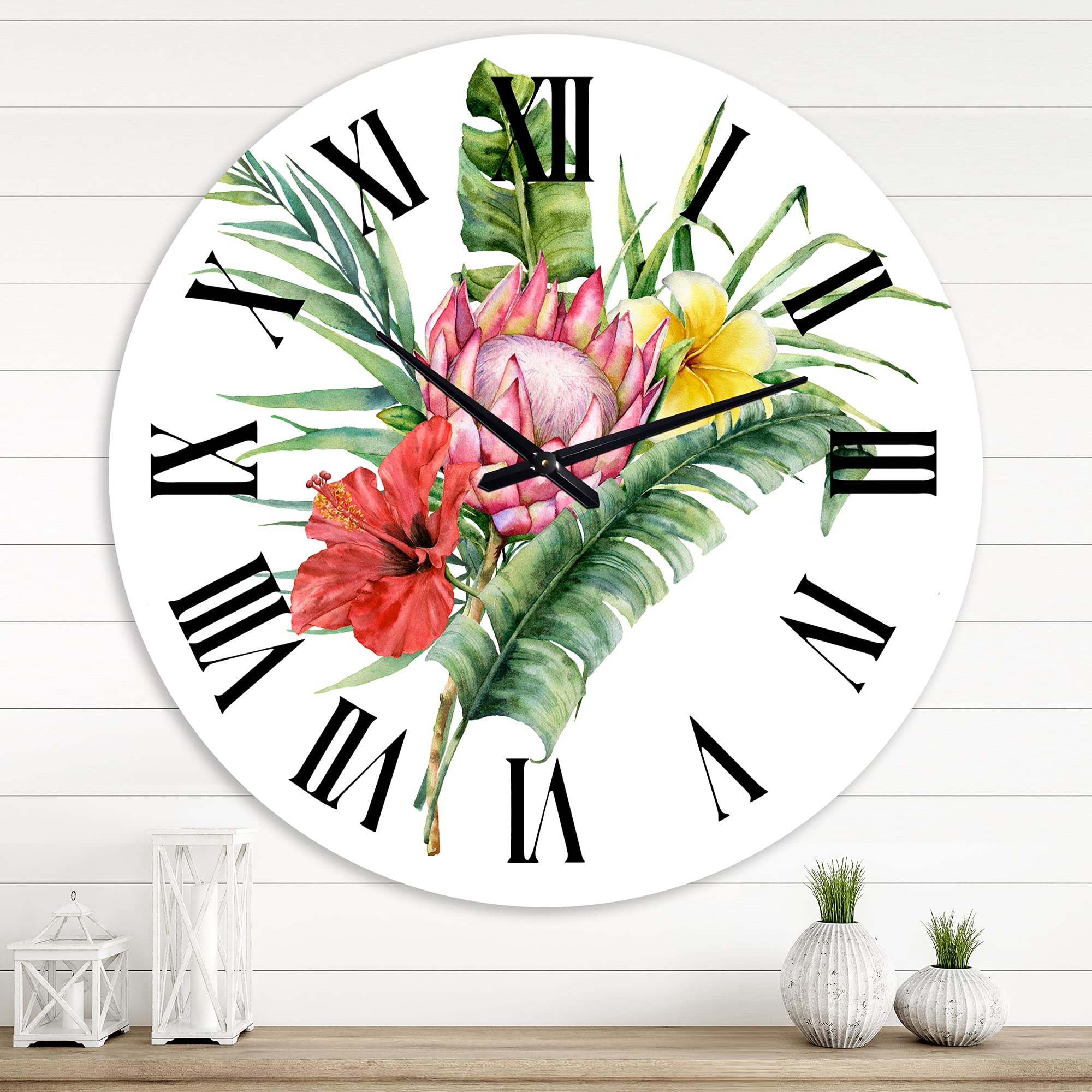 DesignQ Traditional Wall Clock - Large Floral & Botanical Wall Decor with Protea, Hibiscus, Plumeria Flowers Bouquet - Perfect for Living Room, Bedroom, or Office Decoration