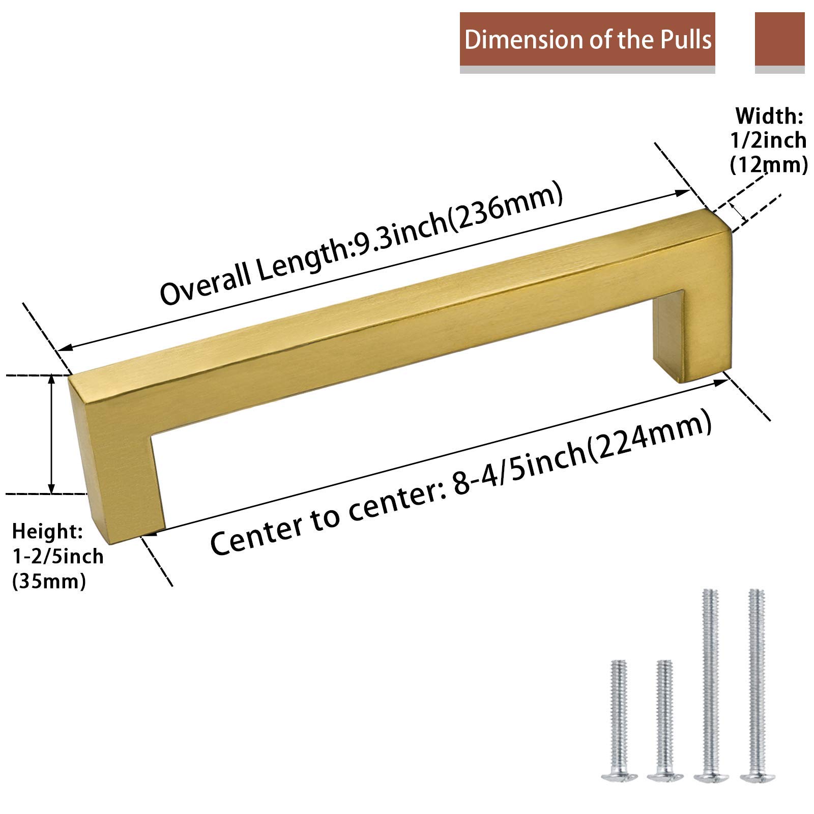 LSJ12GD224 Brushed Brass Drawer Pulls - 8-4/5 Inch Hole Center, Modern Square Cabinet Handles (30 Pack) for Kitchen Cabinets, Dressers & Cupboards | Durable Gold Hardware for Home & Office Furniture