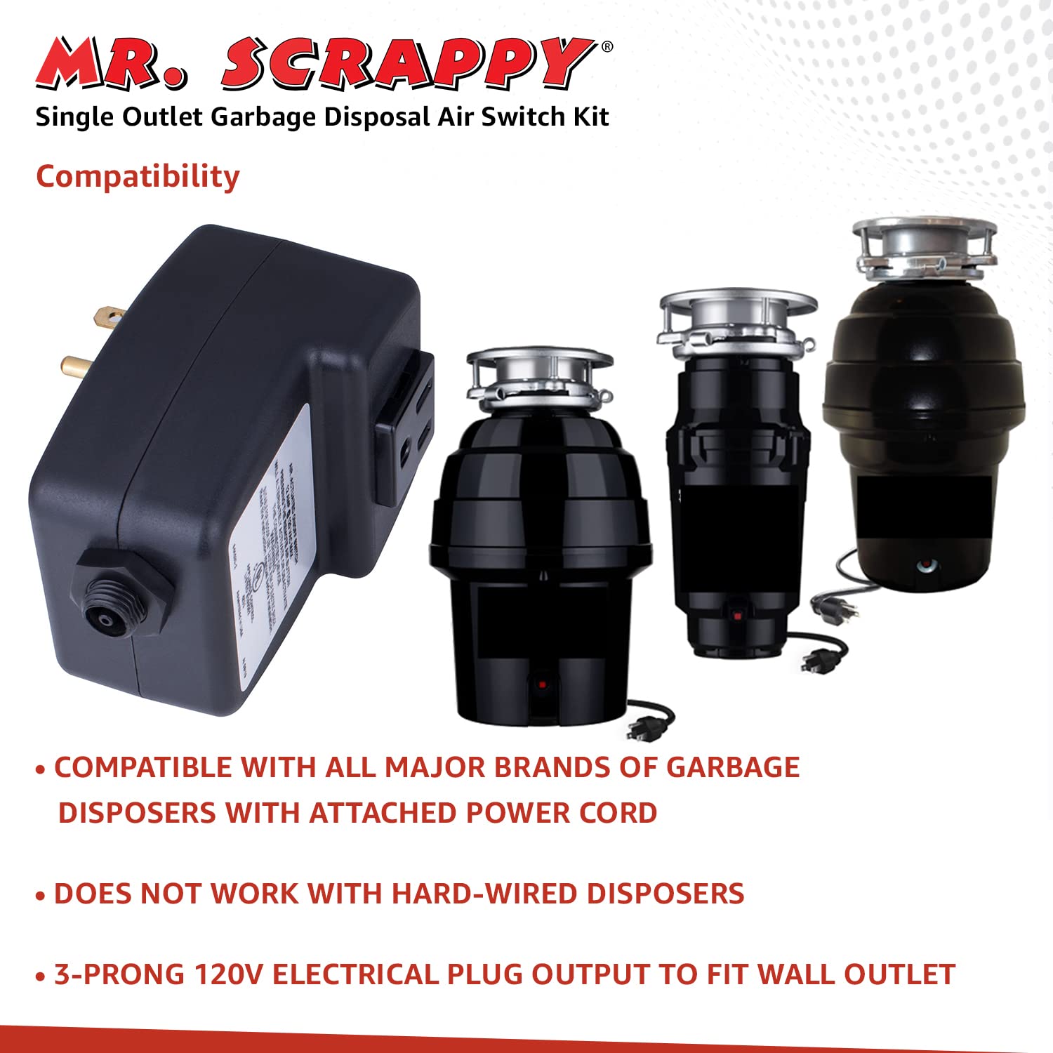 20-MSAS-65 Single Outlet Garbage Disposal Air Switch Kit - Chrome Kitchen Sink On/Off Button with 120V Power Module, Tubing & Hardware - Perfect for Waste Disposers in Modern Homes & Restaurants