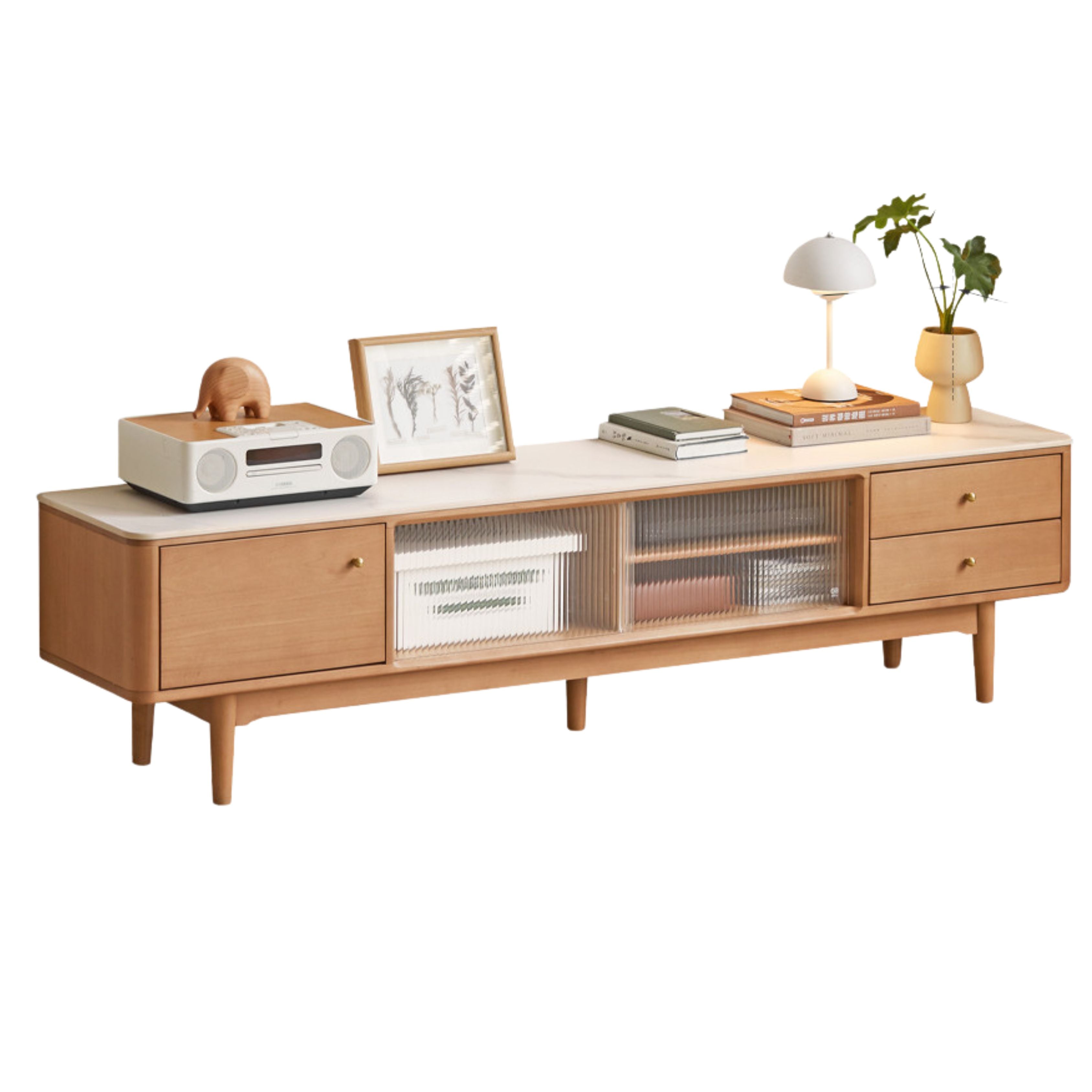 Solid Oak Wood Sliding Door TV Stand with Natural Rock Slab Surface - Modern Entertainment Center for Living Room & Home Theater