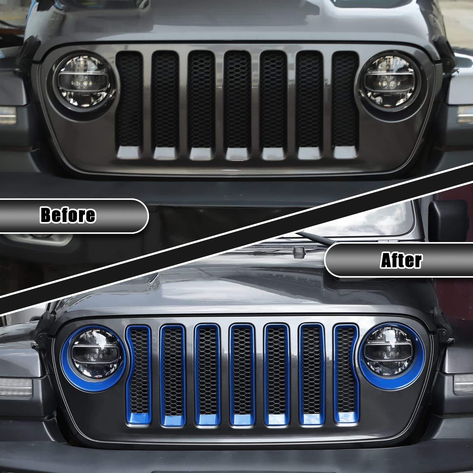 JeCar Front Grill Inserts & Headlight Trim Cover - Exterior Accessories for Jeep Wrangler 2018-2023 JL & Unlimited (Blue) - Upgrade Your Off-Road Style for Adventure & Daily Driving