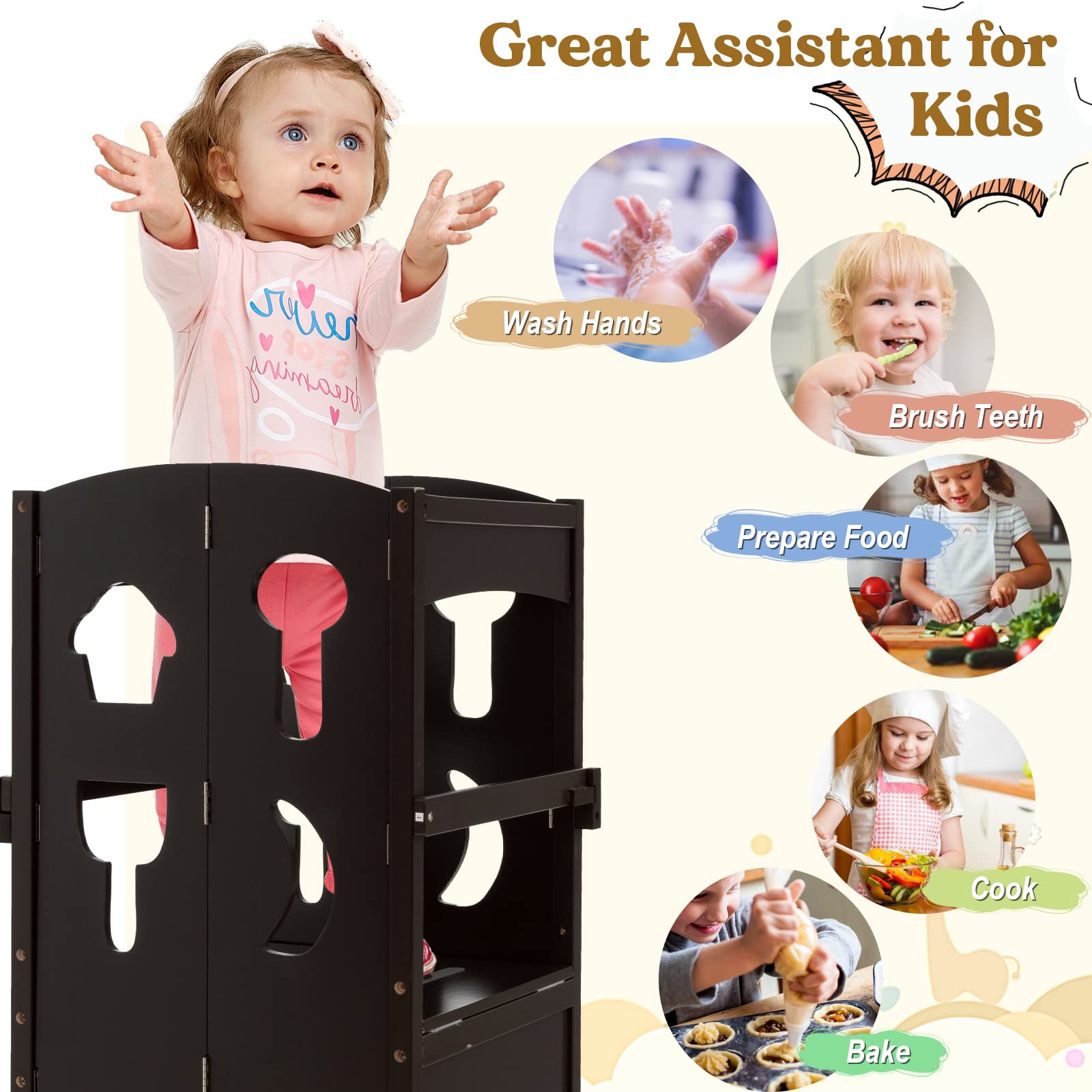 Costzon Adjustable Height Foldable Kids Kitchen Step Stool with Safety Rail - Montessori Learning Tower for Toddlers - Wooden Standing Helper for Bathroom & Kitchen Counter - Perfect for Baking, Washing Hands & Safe Exploration