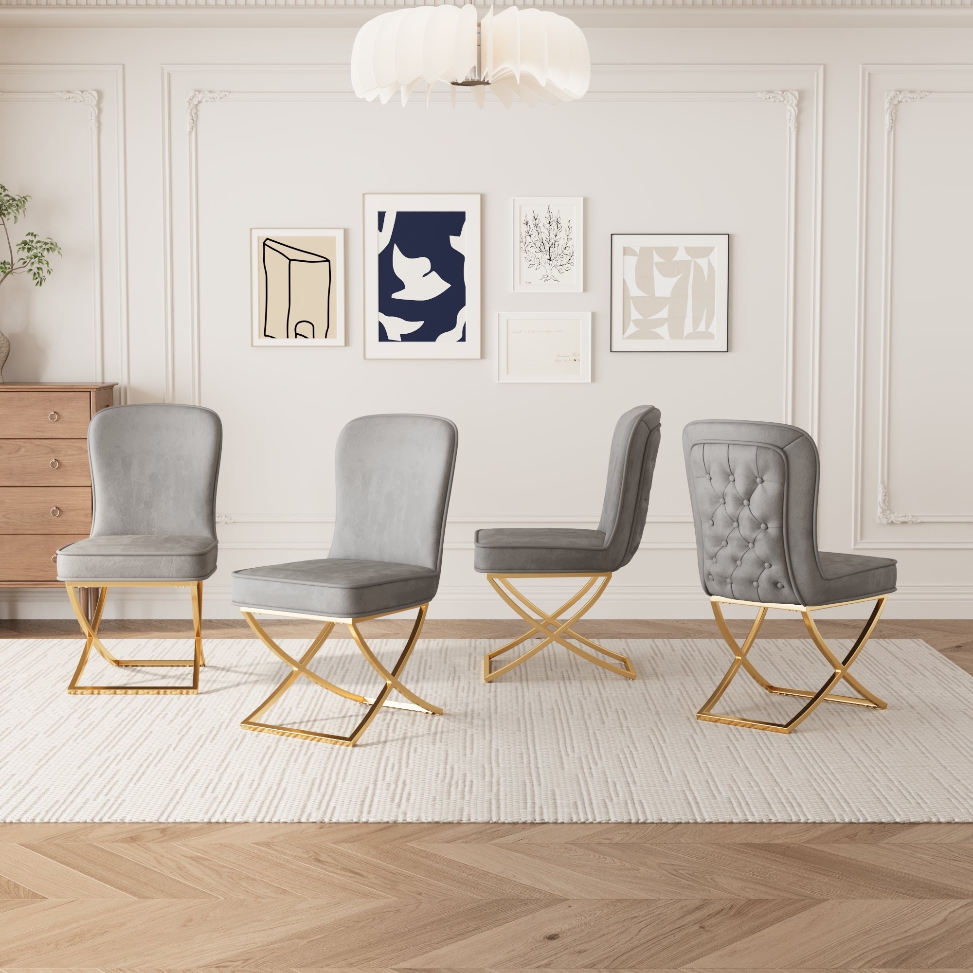 4-Piece Grey Velvet Dining Chair Set with Golden Metal Legs - Modern Kitchen, Living Room, Office & Leisure Chairs for Home Decor
