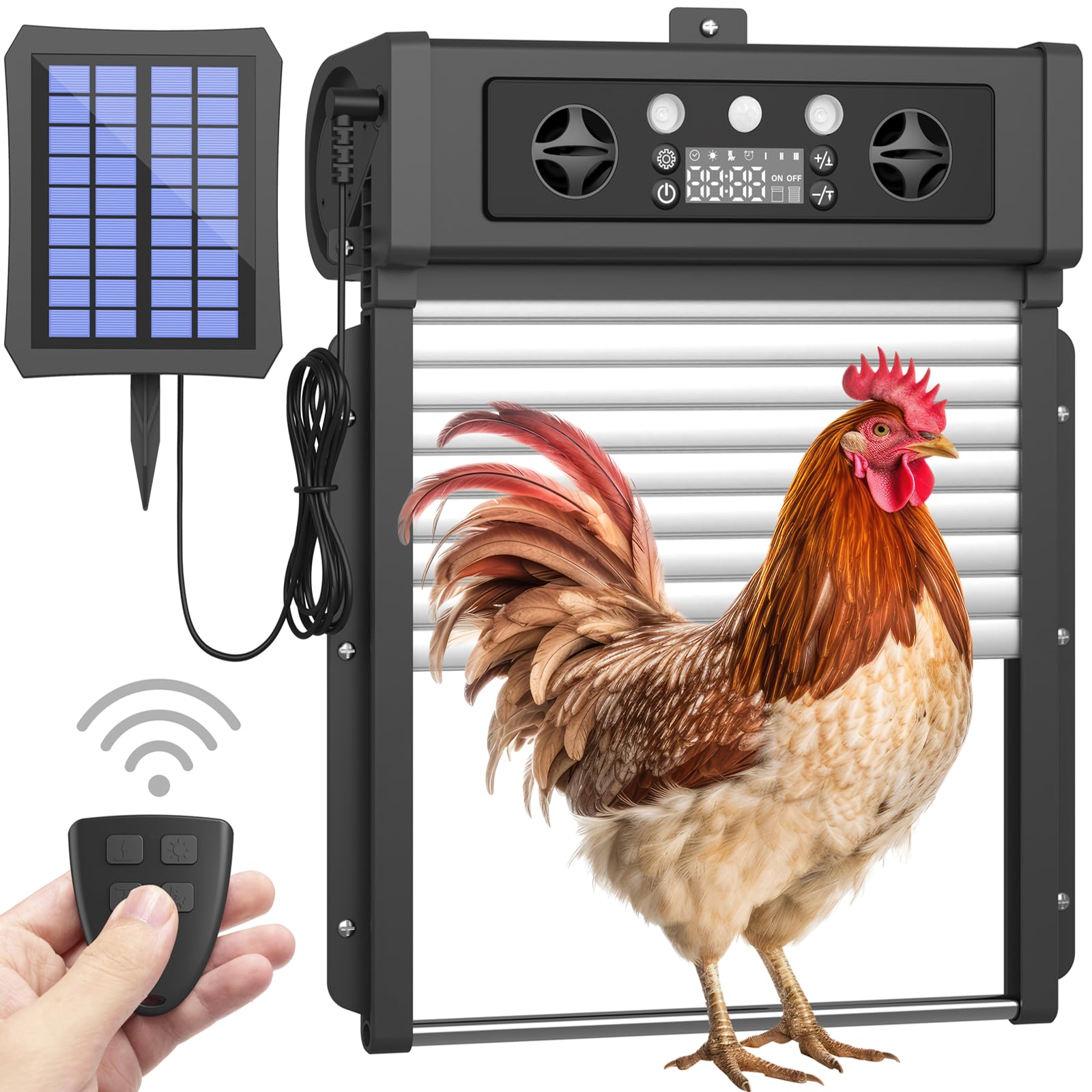 Solar Powered Automatic Chicken Coop Door with Timer & Remote Control - 4000mAh Battery Operated, Light Sensor, Weatherproof - Perfect for Backyard Poultry, Farm & Free-Range Chicken Keeping (Black)