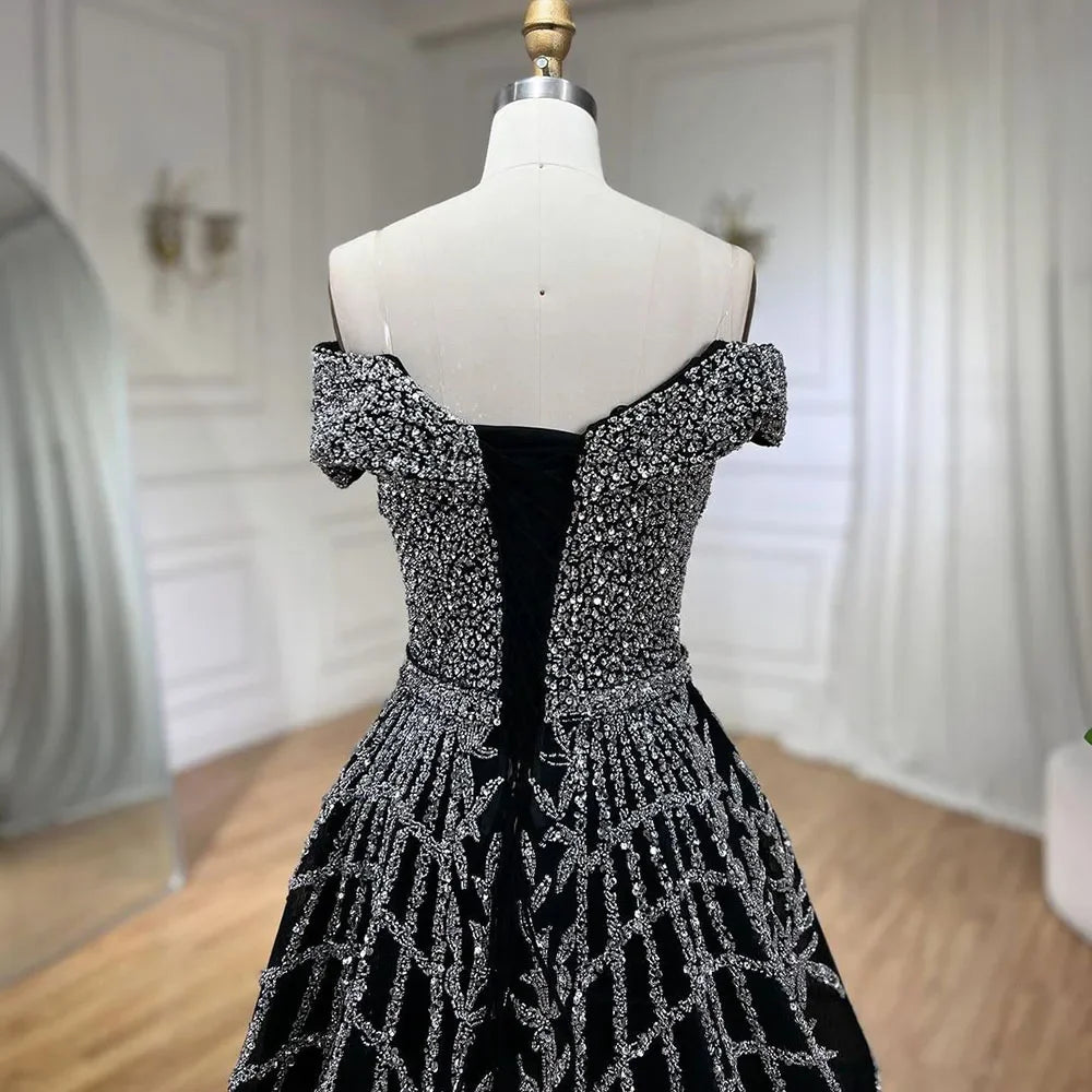 Serene Hill Elegant Black Beaded A-Line Evening Gown 2025 | Off-Shoulder Luxury Long Party Dress for Women | Perfect for Galas, Weddings & Formal Events - LA72224