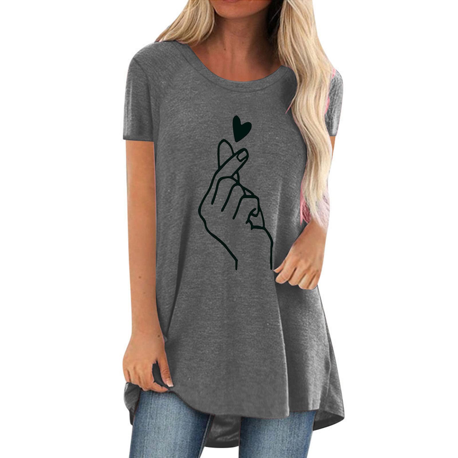 Women's Summer Long Tops - Heart Print Short Sleeve Crewneck T-Shirts | Loose Fit Casual Pullover for Everyday Wear, Beach Outings & Weekend Relaxation