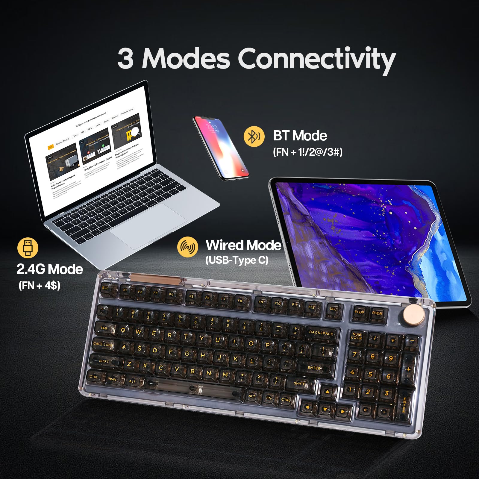 KiiBoom Phantom 98 Hot Swappable Crystal Gasket-Mounted Mechanical Keyboard - Triple Mode Wireless (2.4G/Bluetooth/USB) NKRO Gaming Keyboard with South-Facing RGB Backlit, Clear Keycaps, 8000mAh Battery for Windows/Mac - Perfect for Gaming, Typing & Office Work (Black)
