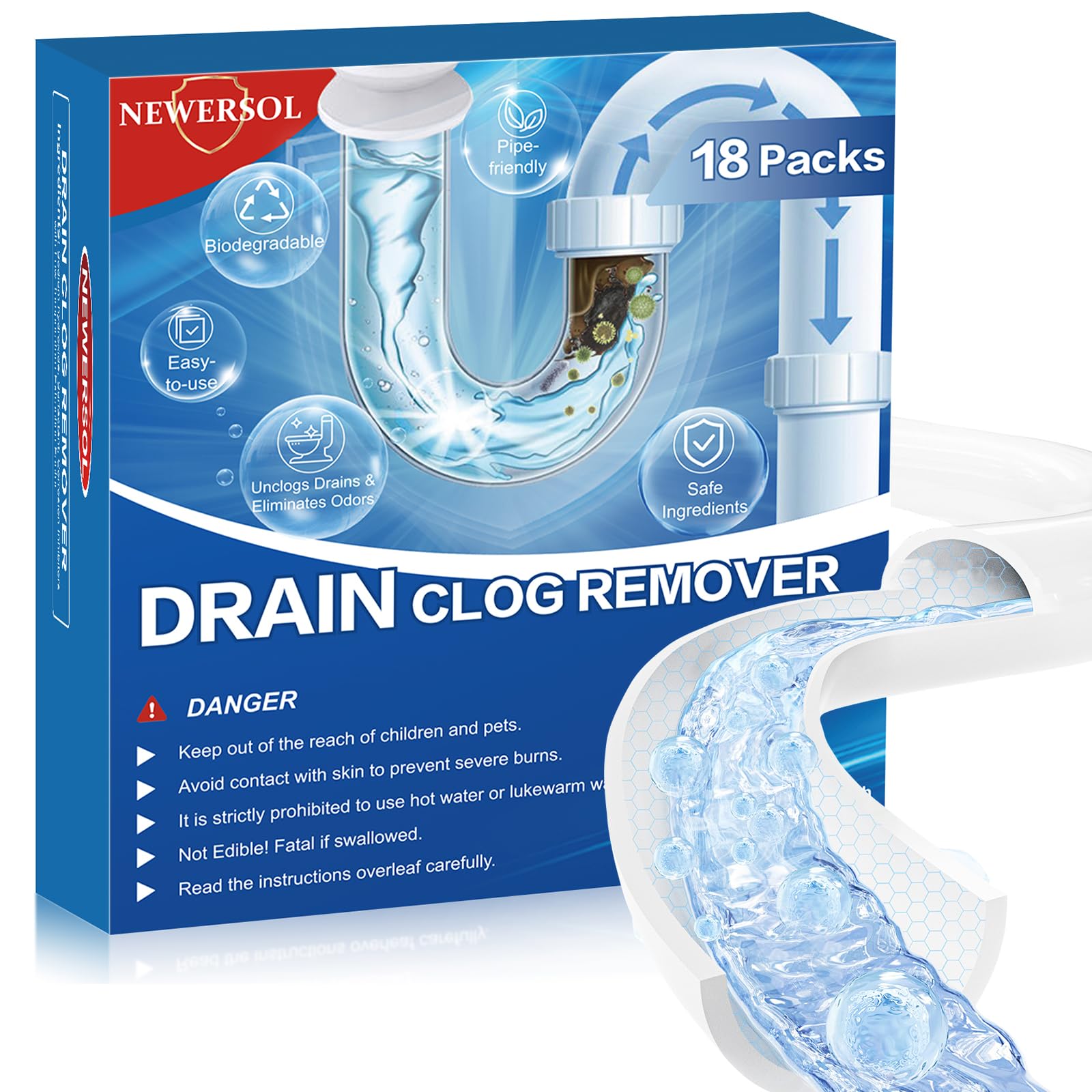 **18-Pack Fast-Acting Drain Cleaner Powder - Powerful Pipe Unclogger for Kitchen Sink, Bathroom Shower & Bathtub - Safe for Pipes, Removes Hair & Grease - Ideal for Home & Commercial Use**