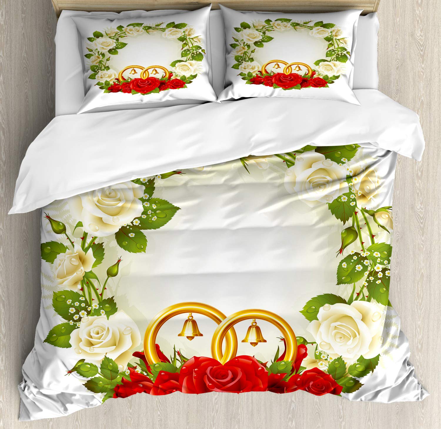 Ambesonne Wedding Duvet Cover Set - White & Red Roses with Wedding Rings Design, Romantic 3-Piece Bedding Set Includes Duvet Cover + 2 Pillow Shams, California King Size in White/Green/Red - Perfect for Anniversary Gifts, Honeymoon Suite Decor & Romantic Bedroom Makeover