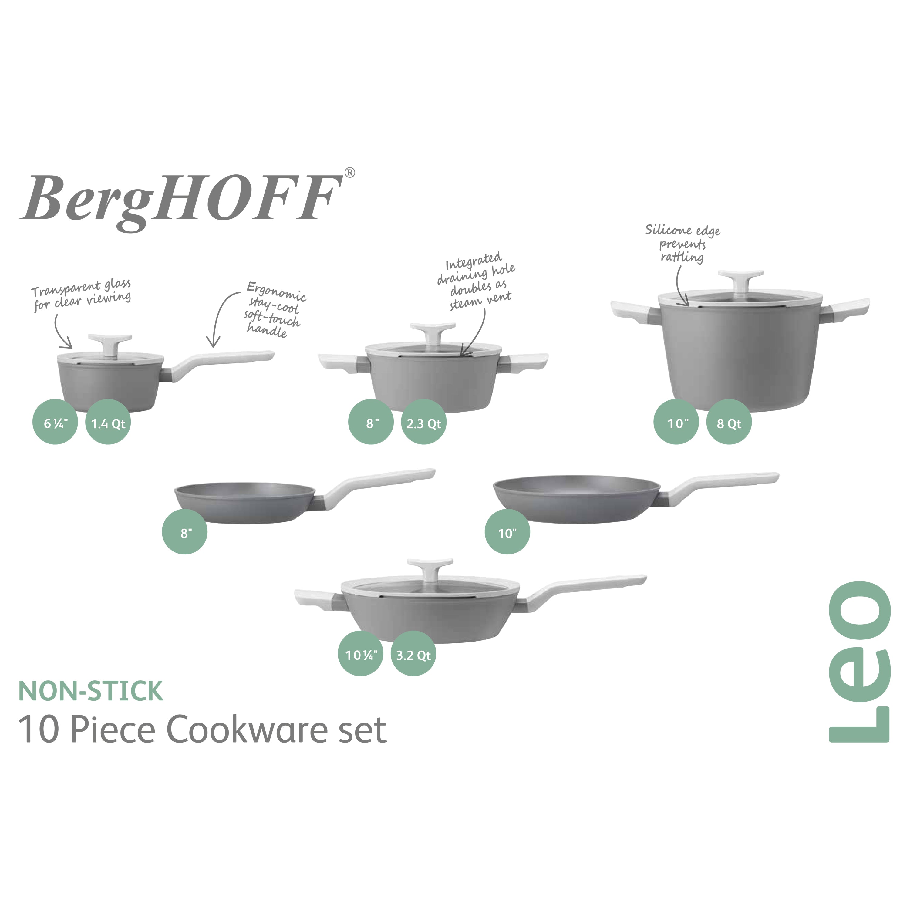 BergHOFF Leo 10-Piece Nonstick Ceramic Cookware Set with Glass Lid, Grey - Perfect for Healthy Cooking & Family Meals | Oven & Dishwasher Safe