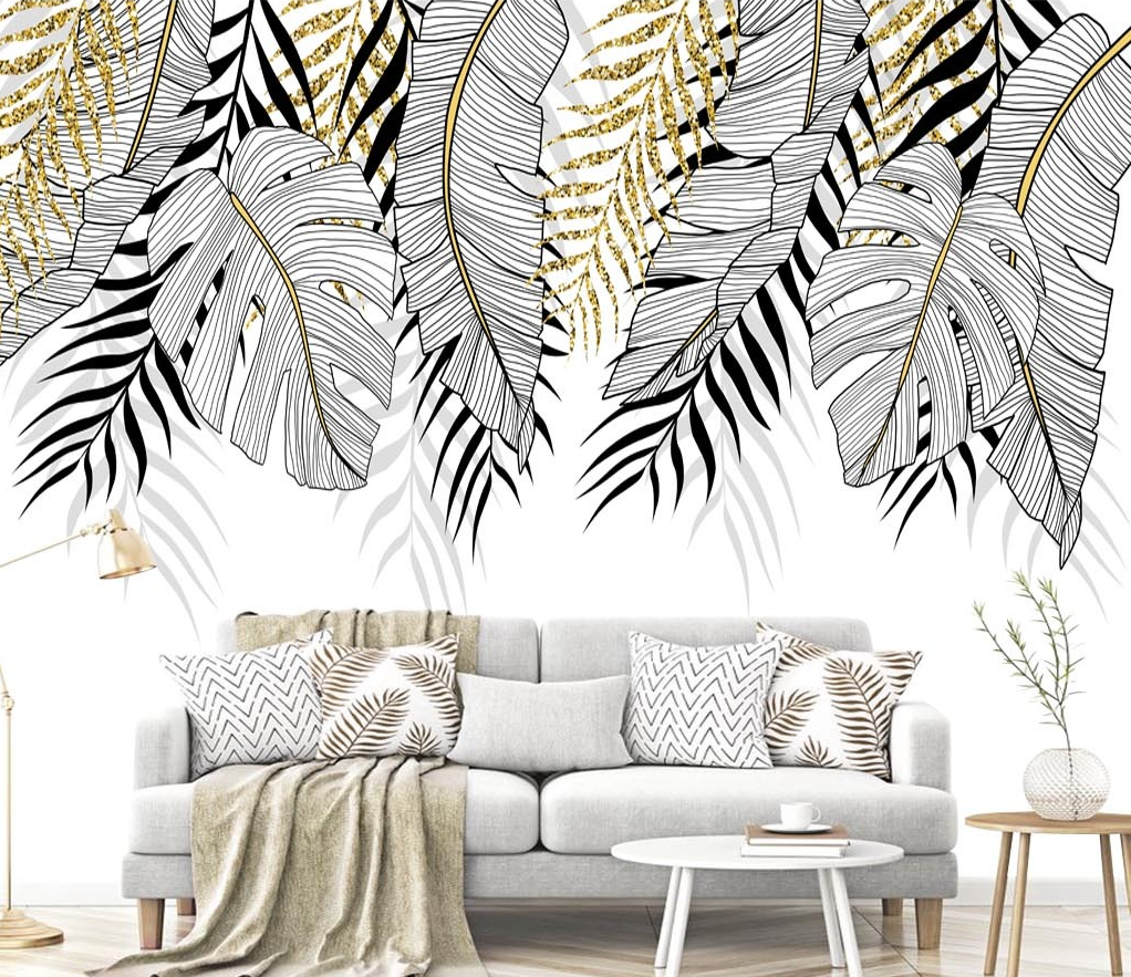 3D Gold and Black Leaves Tropical Wallpaper Mural - Self-Adhesive Peel and Stick Wallpaper for Bedroom, Living Room, Nursery, Office - Easy to Install & Removable Decor