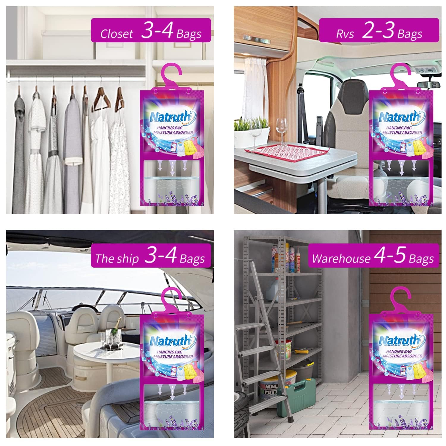NATRUTH 8-Pack Lavender Moisture Absorber Bags - Dehumidifier & Odor Eliminator for Closet, Wardrobe, Kitchen & Bathroom | Hanging Desiccant Bags for Fresh & Dry Spaces | Perfect for Home, RV & Storage Areas