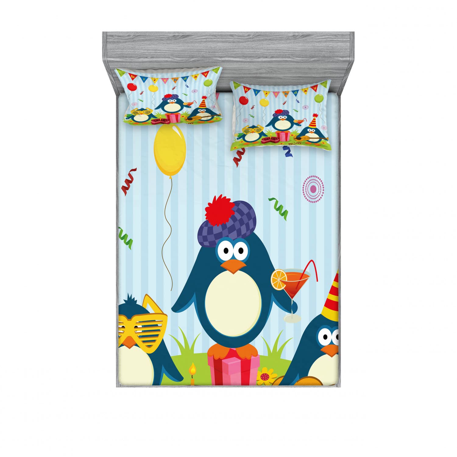 Ambesonne Birthday Penguin 4-Piece Queen Size Bedding Set - 2 Fitted Sheets & 2 Pillow Shams in Fern Green & Pale Blue | Fun Themed Bedroom Decor for Kids Rooms, Birthday Parties & Holiday Gifts