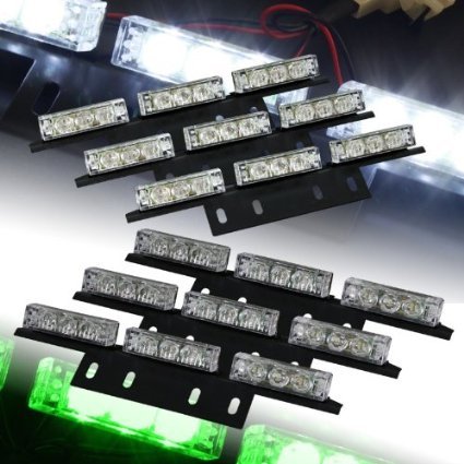 54 LED Emergency Strobe Lights - Green & White for Vehicle Grille & Deck - Road Safety Warning
