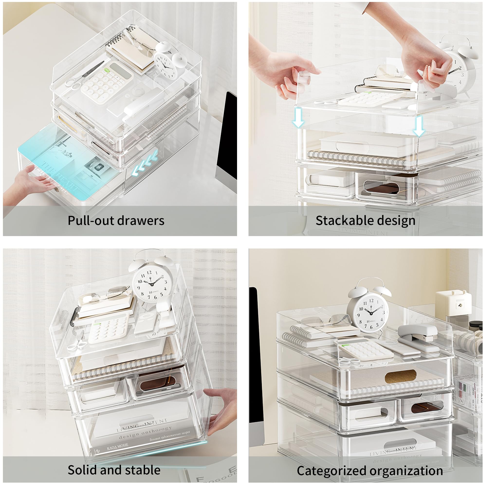 2 Pack Clear Acrylic Desk Organizer with Drawer - Stackable Office File Storage for Documents, Makeup & Art Supplies - Perfect for Home Office, School & Beauty Vanity Organization