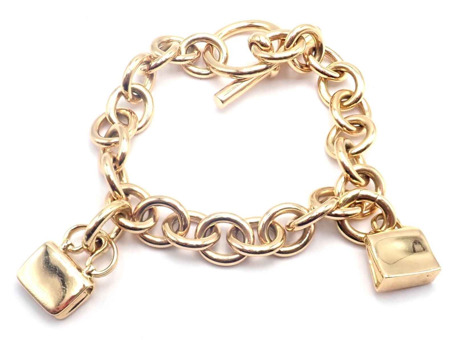 Authentic Hermes 18k Yellow Gold Heavy Link Toggle Bracelet with Two Charms - Luxury Jewelry for Women, Perfect for Gifts, Parties & Special Occasions