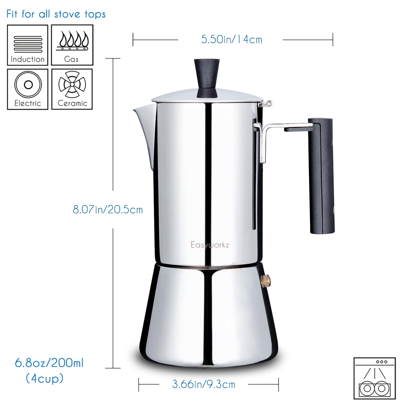 Easyworkz Pedro 4-Cup Stovetop Espresso Maker - 200ml Stainless Steel Italian Moka Pot for Induction & Gas Stoves - Perfect for Home, Office & Camping Coffee Brewing
