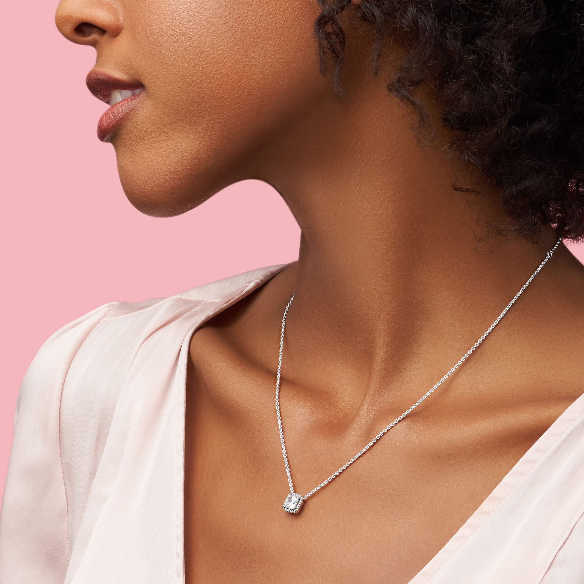 PANDORA Sterling Silver Square Sparkle Halo Necklace with Cubic Zirconia | Elegant Jewelry Gift for Women | 17.7