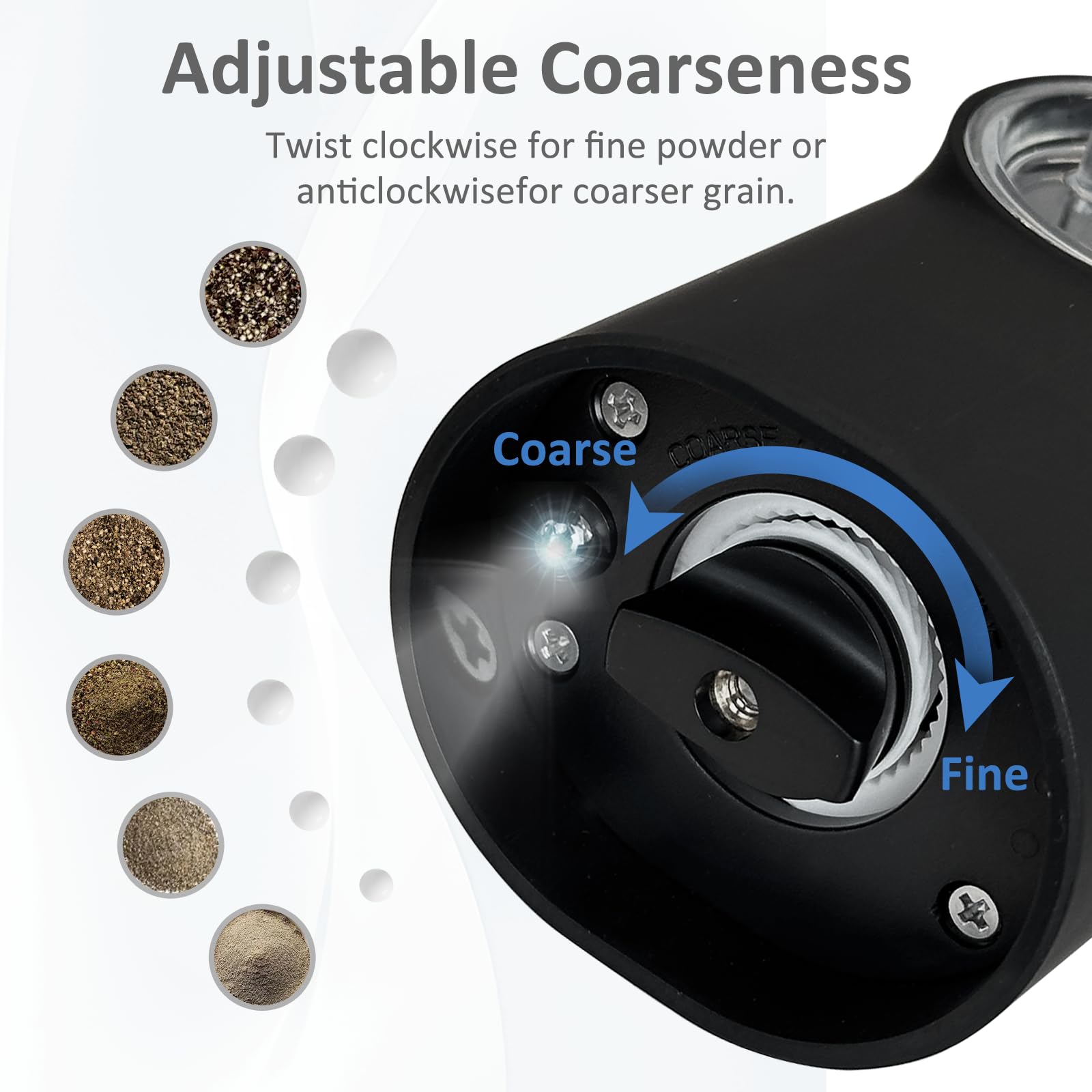Rechargeable Electric Salt and Pepper Grinder Set - 6 Adjustable Coarseness with LED Light, Refillable Battery-Operated Seasoning Mill (2 Pack, Black) for Kitchen, Dining Table & Outdoor BBQ