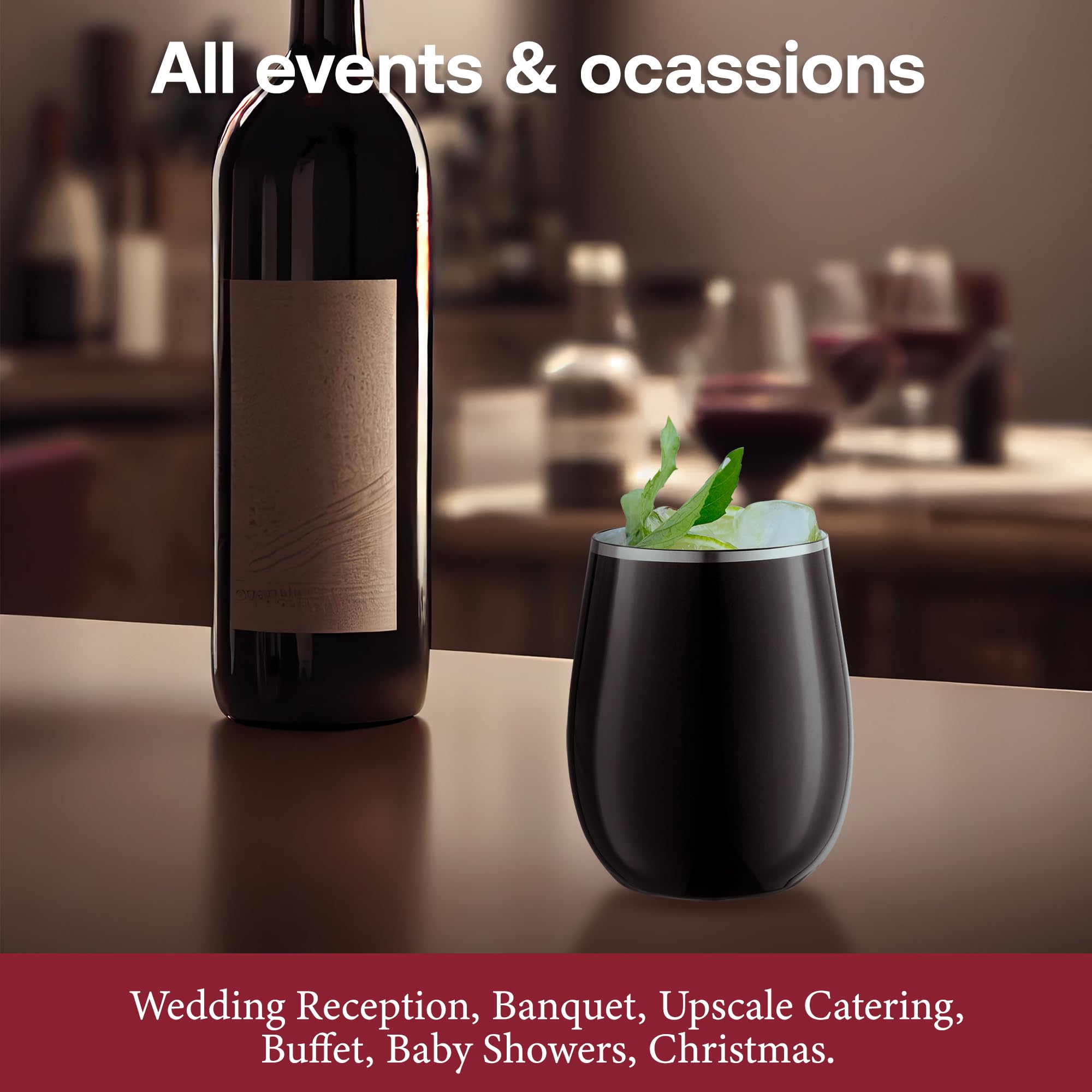 Smarty Had A Party 12 oz Stemless Plastic Wine Glasses – 64 Pack Black Disposable Cups with Silver Rim, Shatterproof Drinkware for Weddings, Parties & Events – Perfect for Outdoor Gatherings, BBQs & Celebrations