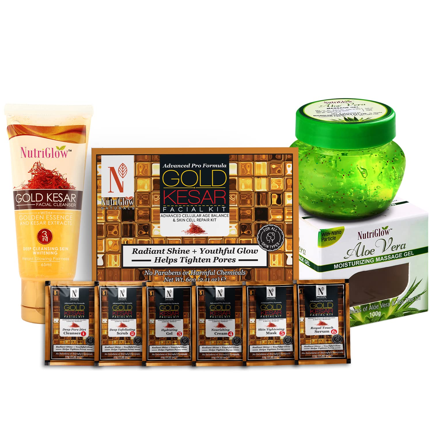 NutriGlow NATURAL'S Advanced Pro Formula Gold Kesar Facial Kit - 60gm Aloe Vera Face Gel, 100gm Gold Kesar Face Wash (65ml) - Tightens Pores, Reduces Wrinkles - 3-Piece Skincare Set for Glowing Skin - Perfect for Daily Cleansing & Anti-Aging Routine