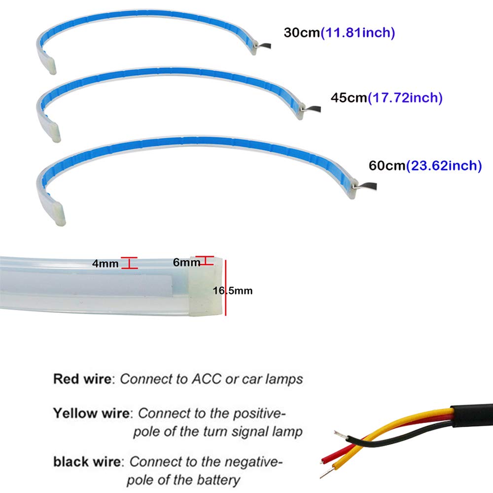 YSY 2Pcs Car LED DRL Daytime Running Lights with Turn Signal - 30cm/45cm/60cm White & Yellow Strips 12V - Upgrade Your Vehicle Lighting for Safety & Style (Perfect for Headlight Accents, Daytime Visibility & Custom Car Mods)