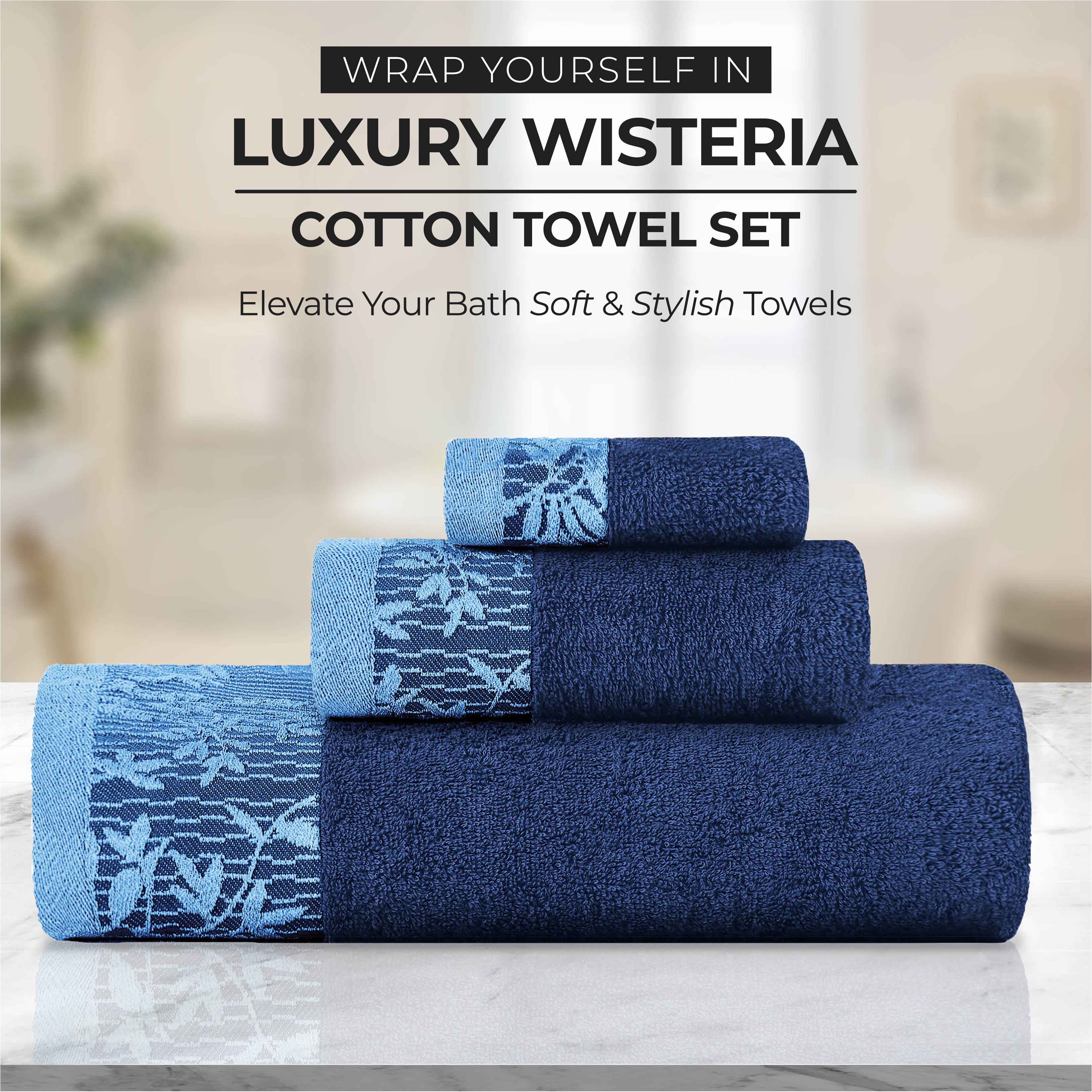 Premium Wisteria Cotton Floral Embroidered Jacquard Border Bath Towel Set of 2 - Soft Absorbent Luxury Towels for Spa, Bathroom & Guest Use