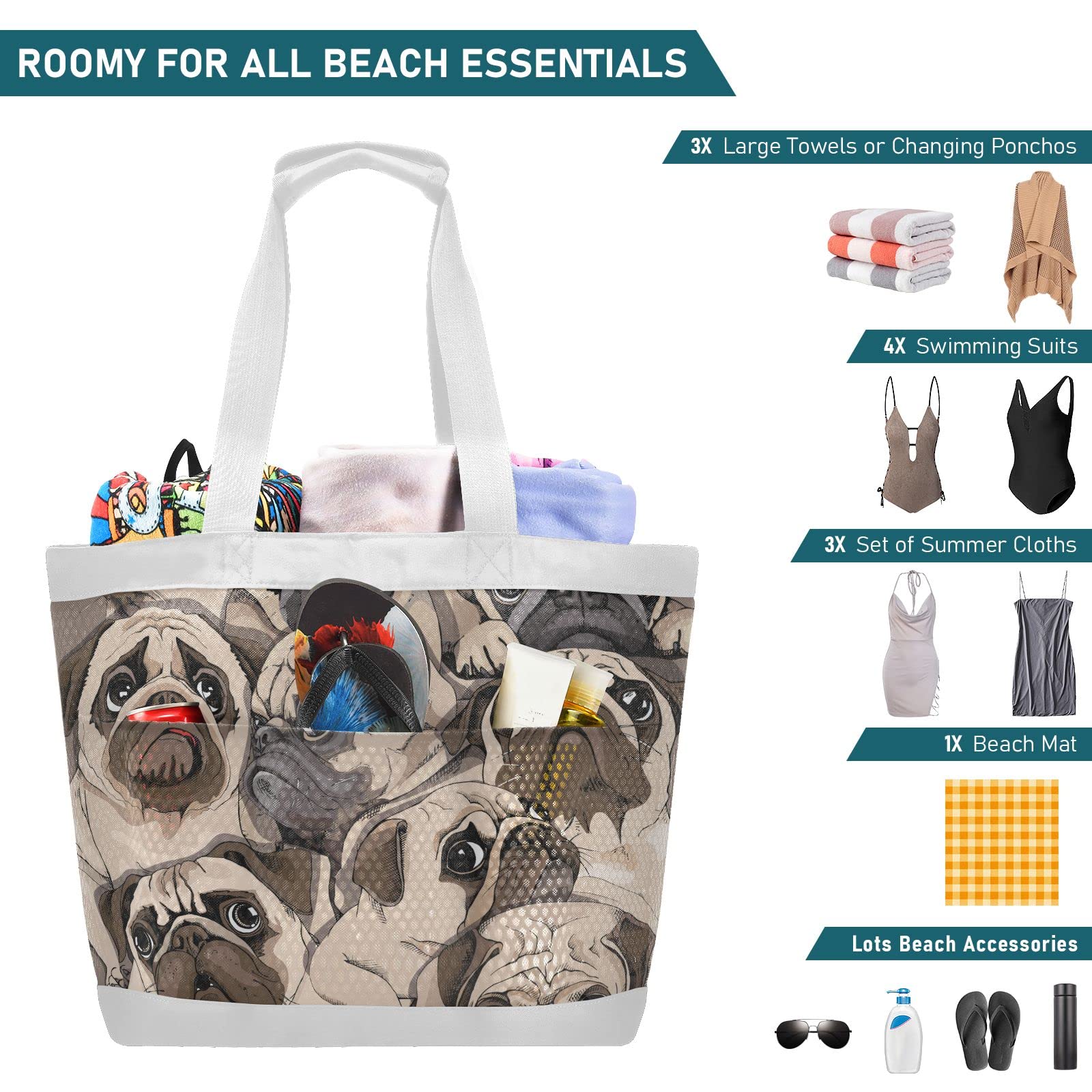 J JOYSAY Portrait Pugs Mesh Beach Tote Bag - Large Waterproof & Sandproof Carry On Bag for Women - Perfect for Beach, Work, Training, Hiking & Outdoor Activities