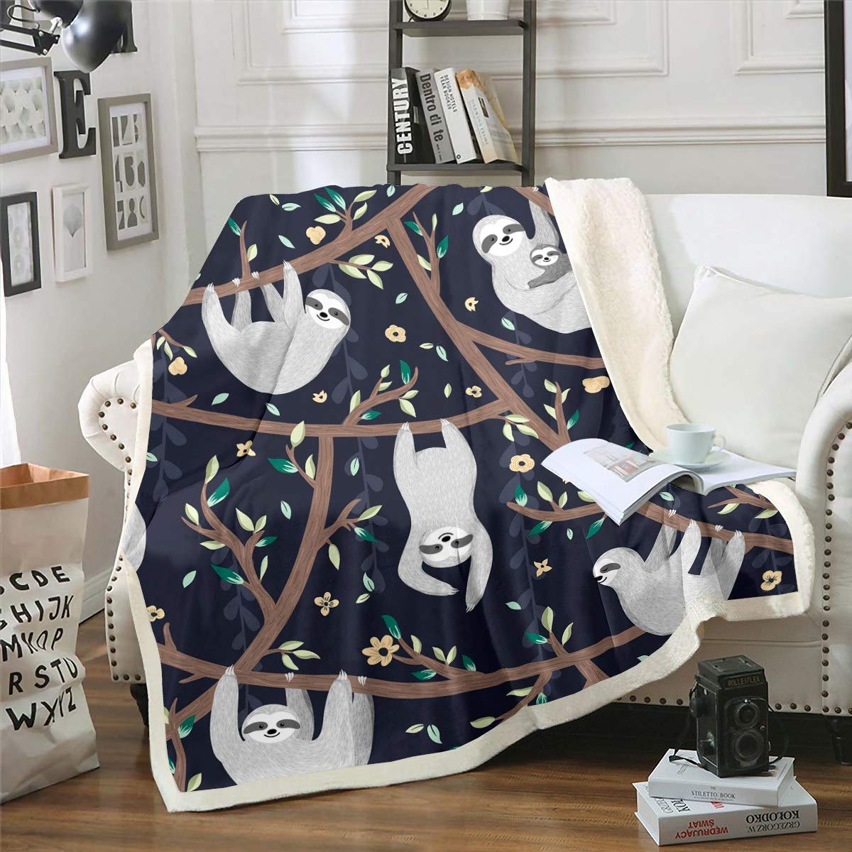 Soft Sloth Plush Blanket for Kids & Girls - Cute Cartoon Sloth Sherpa Fleece Throw with Botanical Branch Design - 50x60 Inch Cozy Fuzzy Blanket for Sofa, Bed, Couch - Perfect for Nap Time, Movie Nights & Winter Warmth