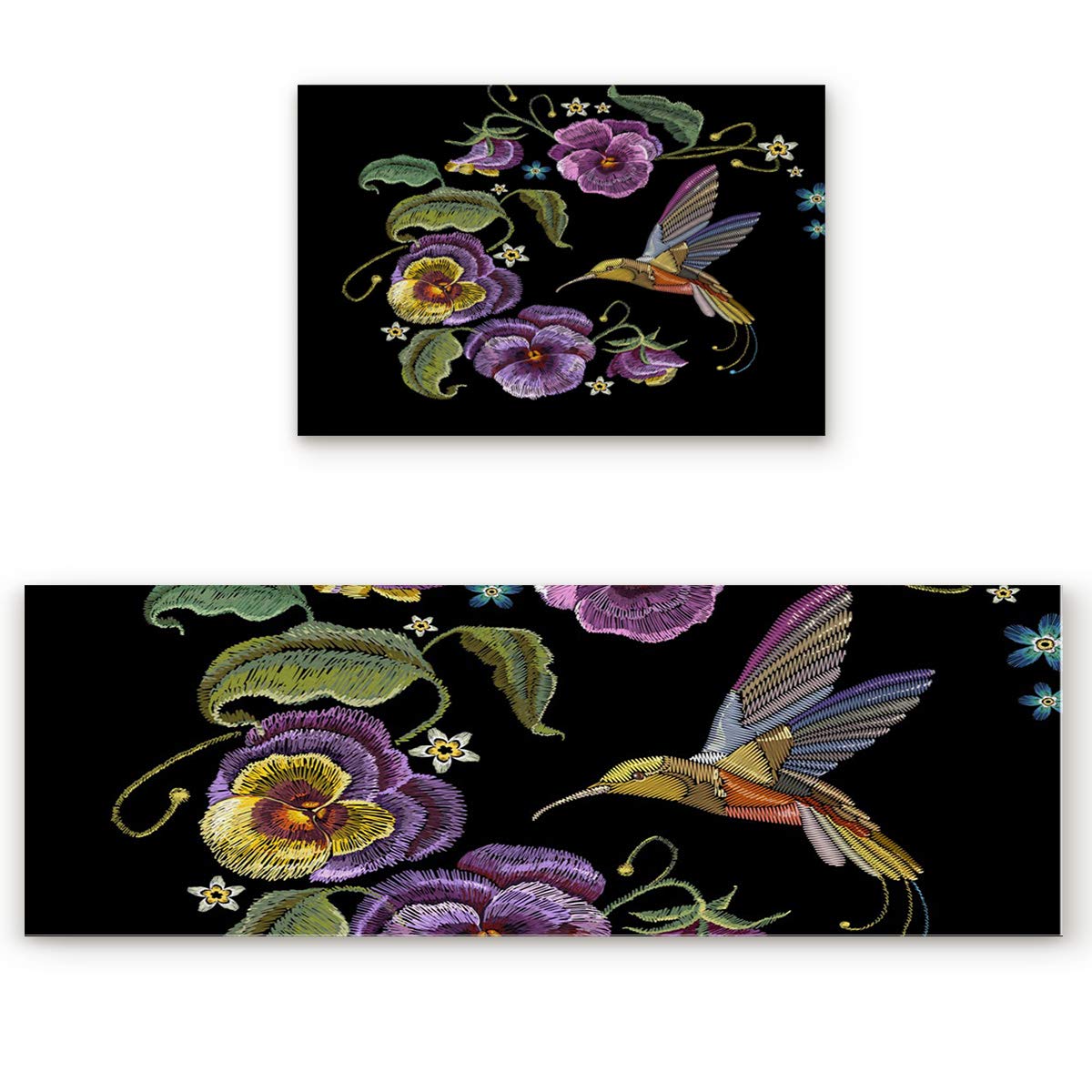 Z&L Home 2-Piece Non-Slip Kitchen Rugs Set with Rubber Backing - Hummingbird & Violet Flower Embroidery Style Washable Floor Mats for Bathroom, Bedroom, and Indoor Use - Perfect as Area Runners, Doormats, and Door Pads