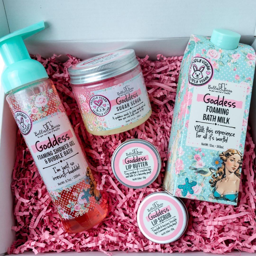 Bella & Bear Goddess Mega Bath & Body Gift Set - Foaming Shower Gel, Bubble Bath, Bath Milk, Body Scrub, Lip Scrub & Lip Butter - Perfect Gift for Women, Teens & Tweens - Spa Day, Self-Care & Relaxation at Home
