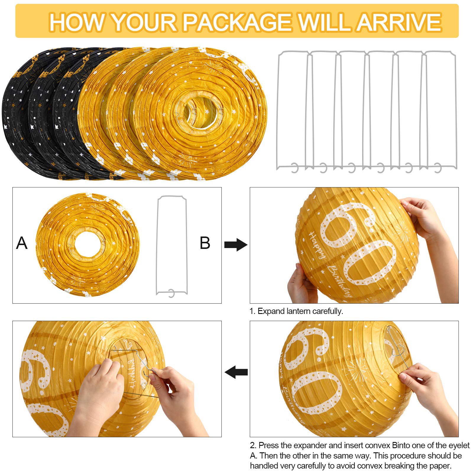 6 Pack Black Gold Glitter Hanging Paper Lanterns - Birthday Party Decorations for Men, Women, Teens - 60th Anniversary Party Supplies - Perfect for Indoor/Outdoor Celebrations, Baby Showers & Graduations