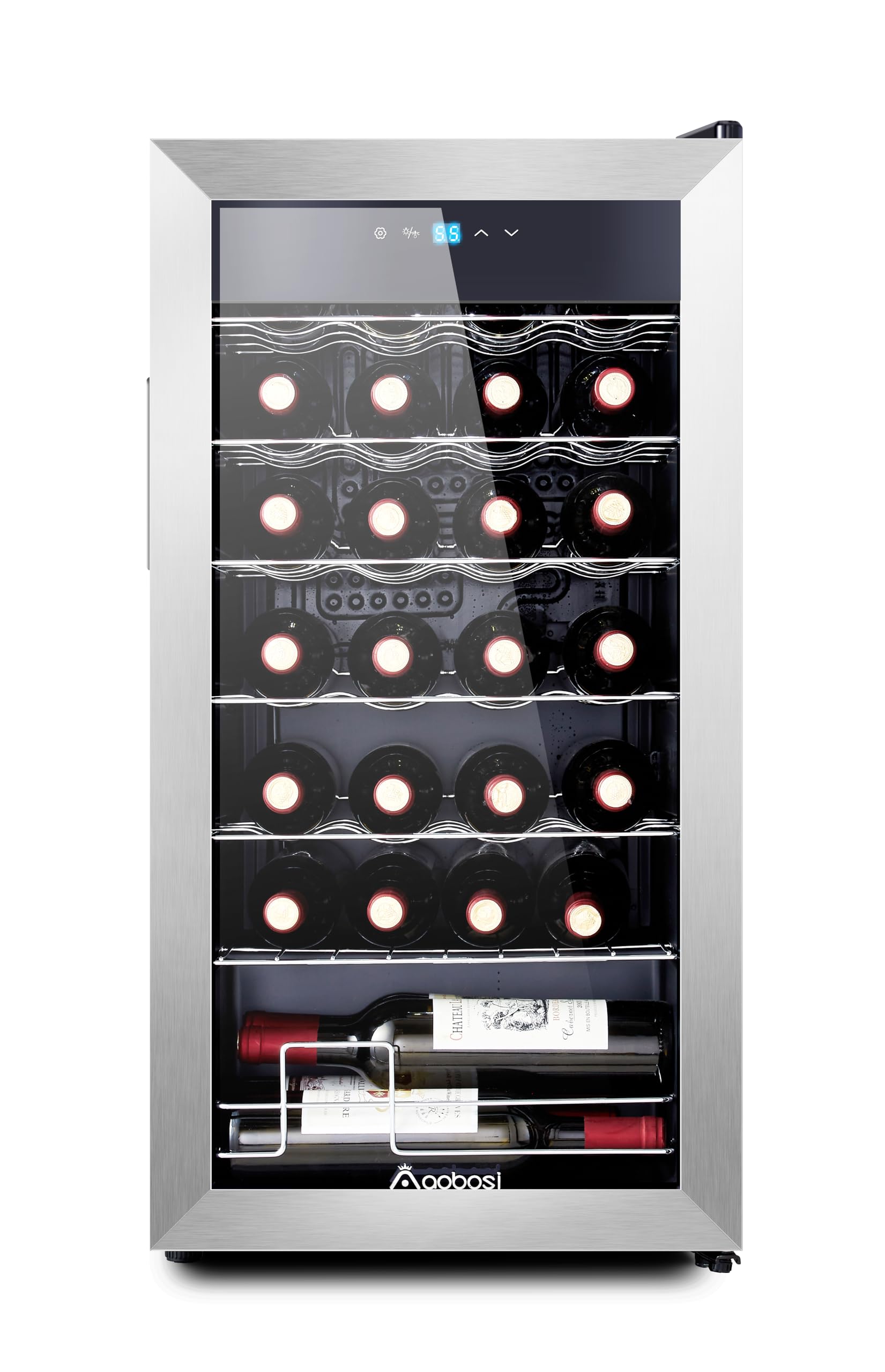 AAOBOSI 17 Inch Freestanding Wine Cooler Refrigerator - 28 Bottle Capacity, Double-Paned Tempered Glass, Low Noise Compressor, Blue LED Display with Temperature Memory & Adjustable Shelves - Perfect for Home Bar, Kitchen, Basement or Office Wine Storage