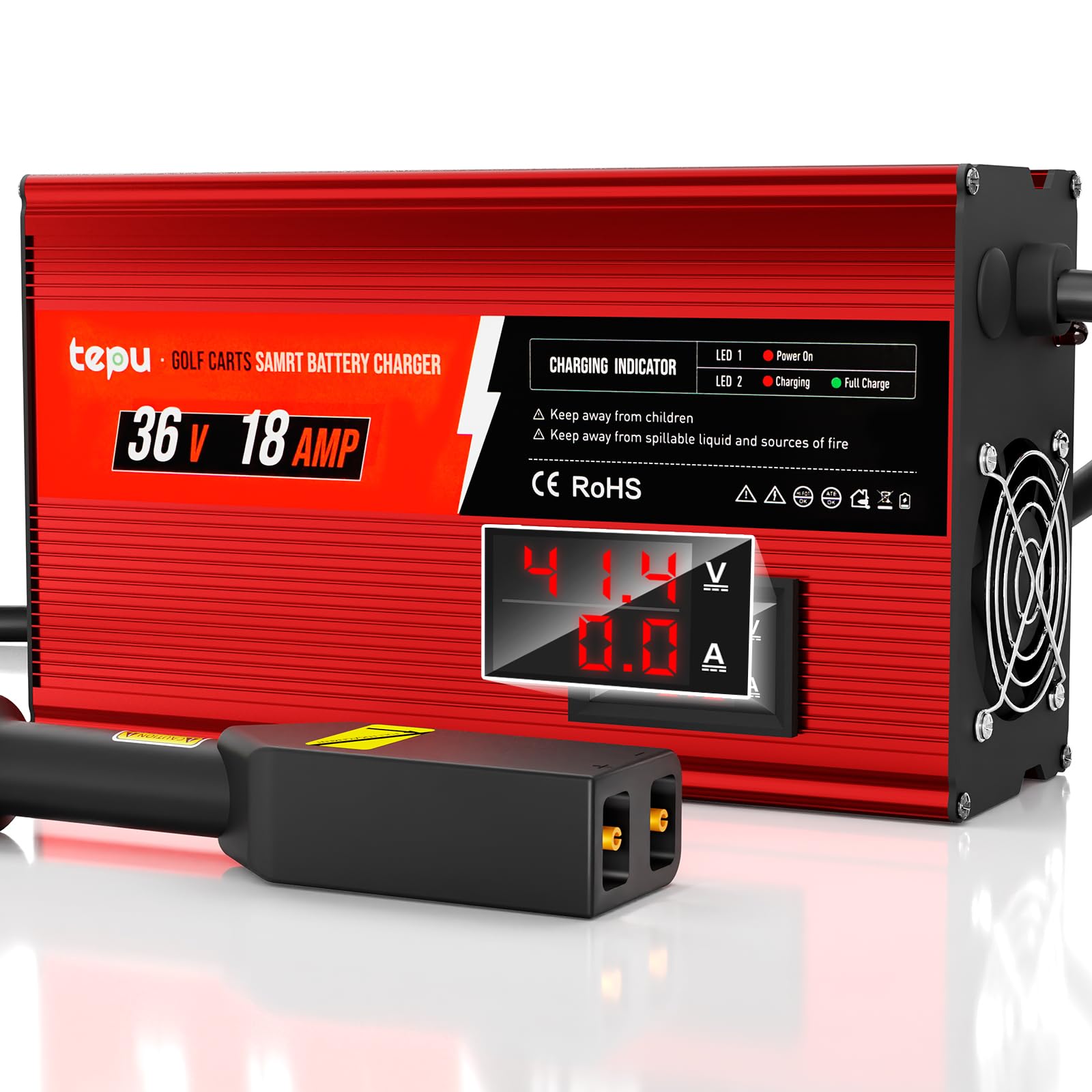 36V 18A Golf Cart Battery Charger with Voltage Display - Compatible with EZGO TXT (D-Style Plug), 16ft Cord, 900W Fast Charging (4-6 Hours), Trickle Charge Mode - Perfect for Golf Courses, Resorts & Private Club Maintenance