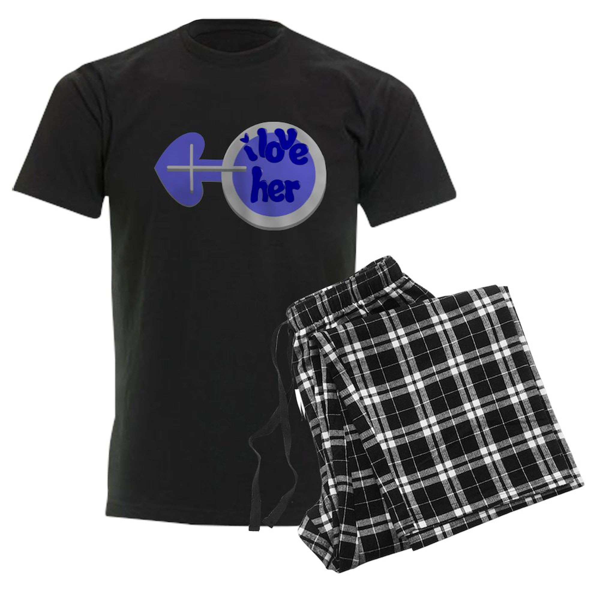 I Love Her Couple Shirt - Men's Dark Checkered Pajama Set 2-Piece Lounge & Sleepwear for Couples - Soft Comfortable Pajamas for Date Nights, Anniversary Gifts and Relaxing at Home
