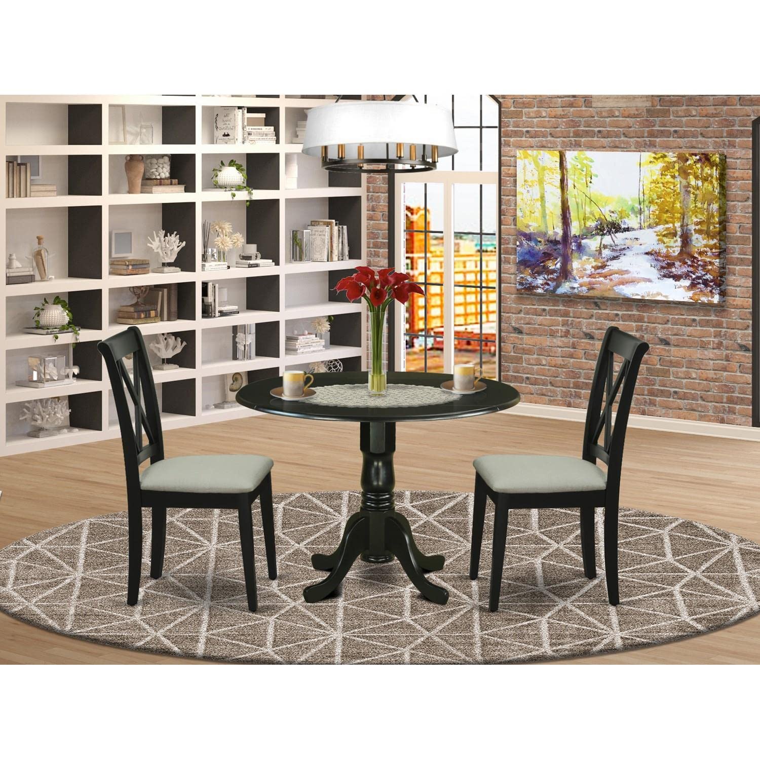 East West Furniture DLCL3-BLK-C 3-Piece Modern Dining Table Set with Round Wooden Drop-Leaf Table & 2 Linen Upholstered Chairs, 42x42 Inch, Black - Perfect for Small Spaces, Breakfast Nooks & Cozy Apartments