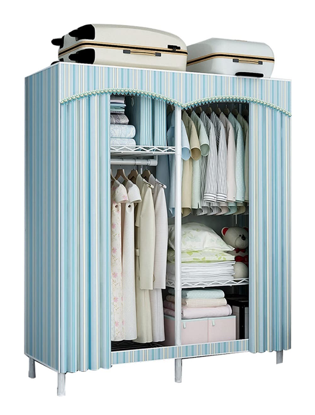 QIAOLI Portable Wardrobe Closet Organizer - 4 Shelves & 2 Hanging Rails for Clothes Storage | Foldable Polyester Closet for Bedroom, Dorm, Travel | Space-Saving Closet Solution
