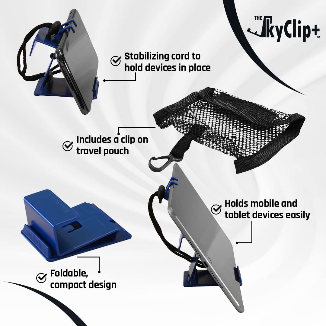 SkyClip+ Universal Phone & Tablet Holder for Airplane, Home & Office - Adjustable Inflight Phone Mount Stand Compatible with iPhone, Android, Kindle & iPad - Perfect Travel Accessory for Hands-Free Viewing (Blue)