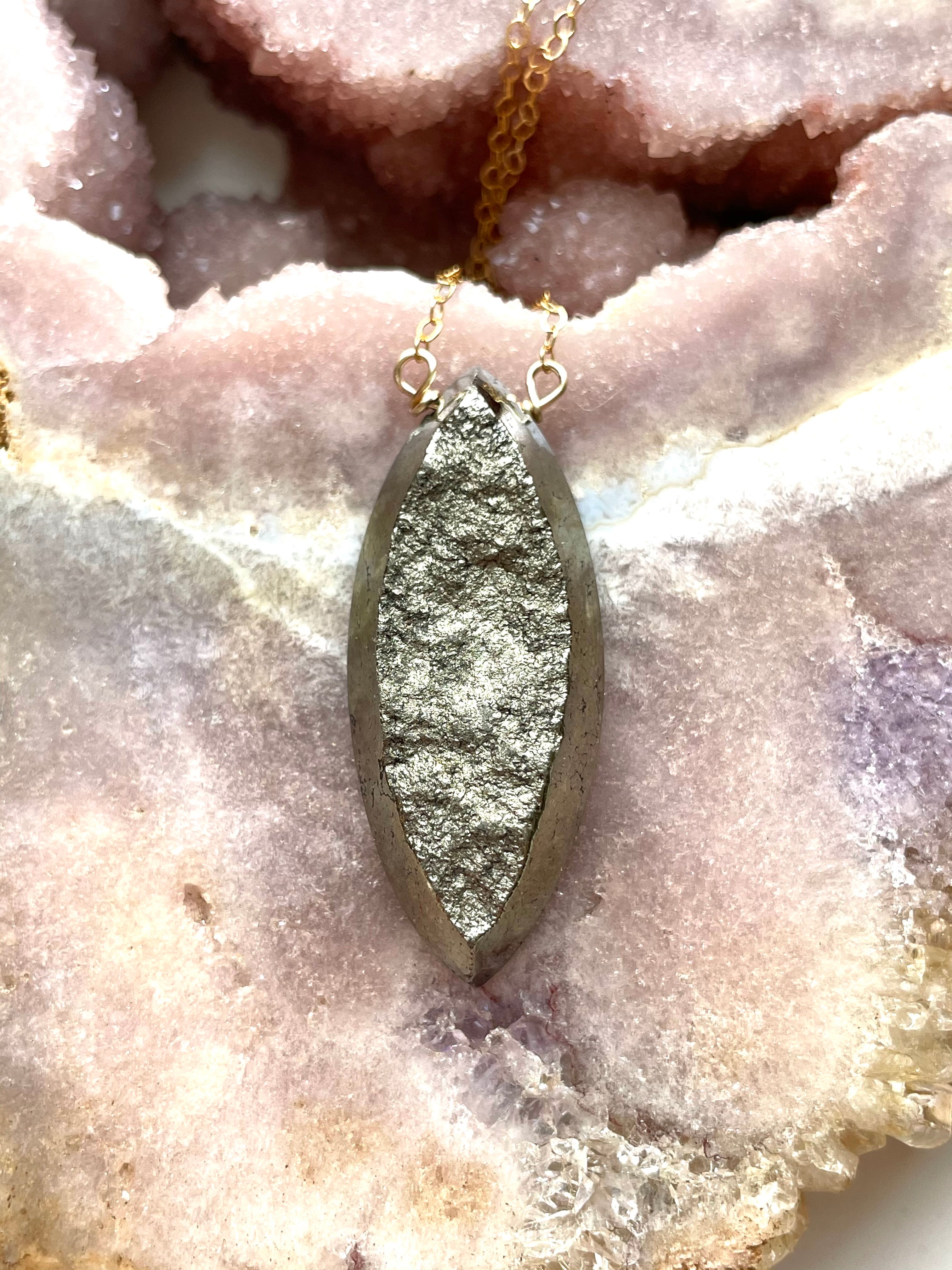 Large Pyrite Statement Necklace - 16” Gold Filled Chain - Elegant Boho Jewelry for Women, Perfect for Parties, Weddings & Everyday Wear