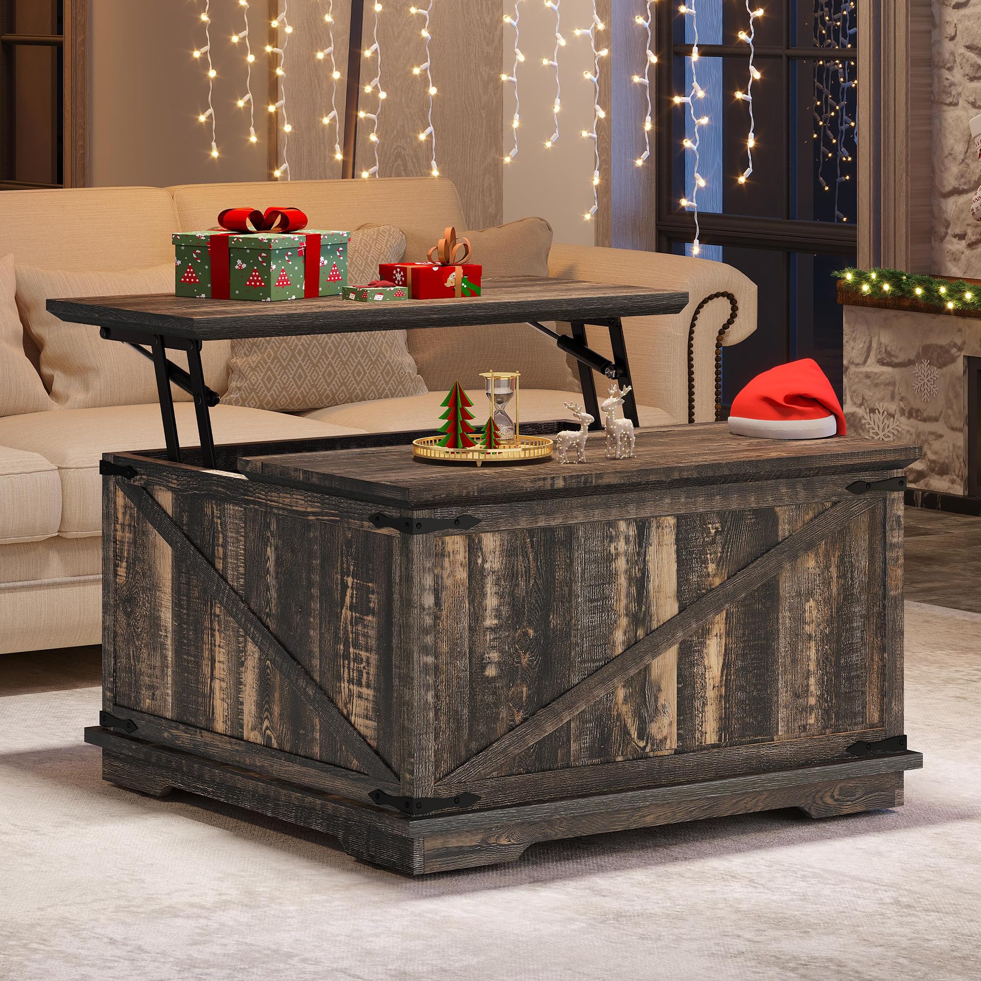 YITAHOME Farmhouse Lift Top Coffee Table - Square Wood Center Table with Large Hidden Storage Compartment for Living Room & Home Office - Rustic Cocktail Table with Lift Top in Dark Oak Finish - Perfect for Small Space Living & Entertaining Guests