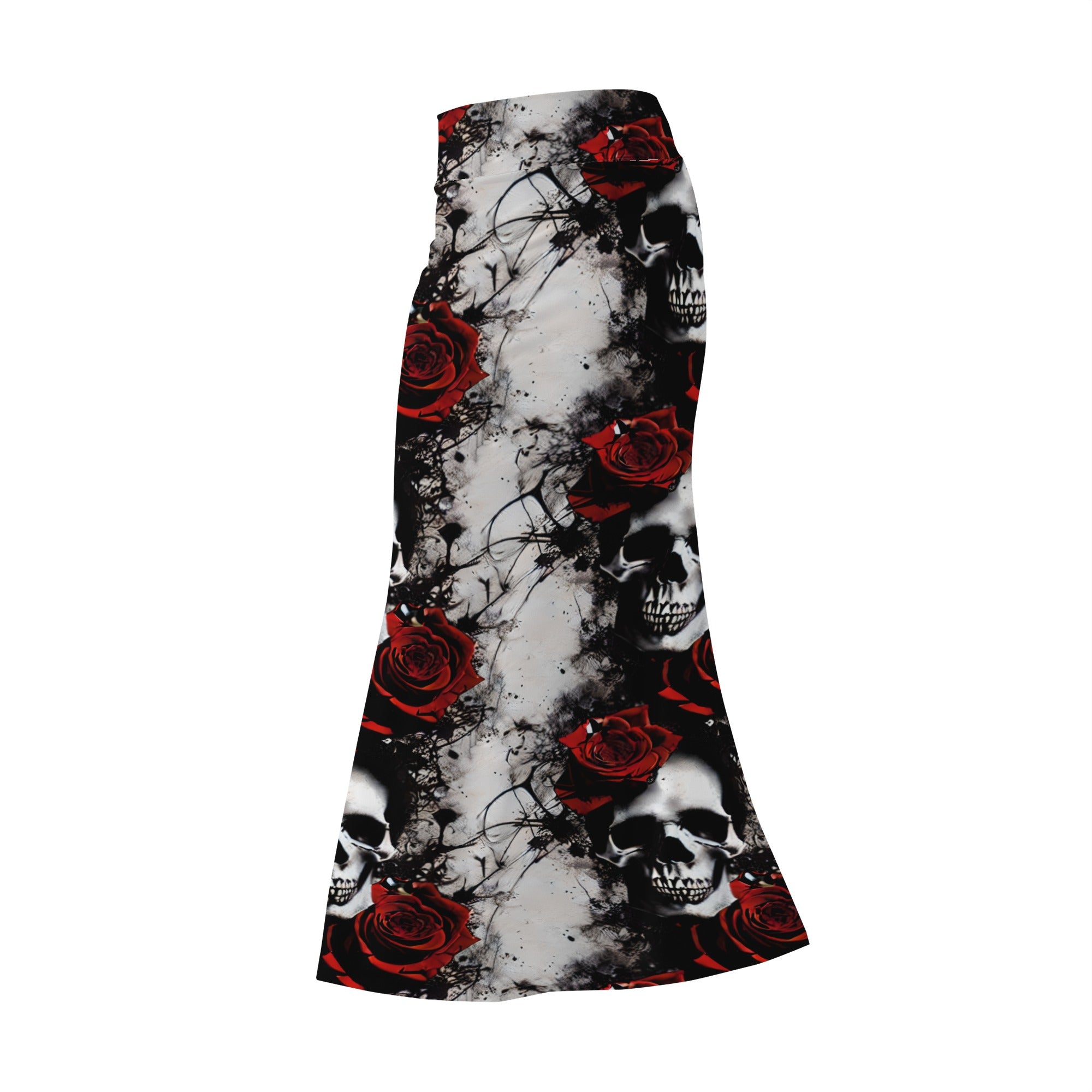 Gothic Skull and Rose Splatter Print Long Skirt for Women | Vintage Punk Rock Fashion | Perfect for Halloween, Concerts, and Gothic Parties
