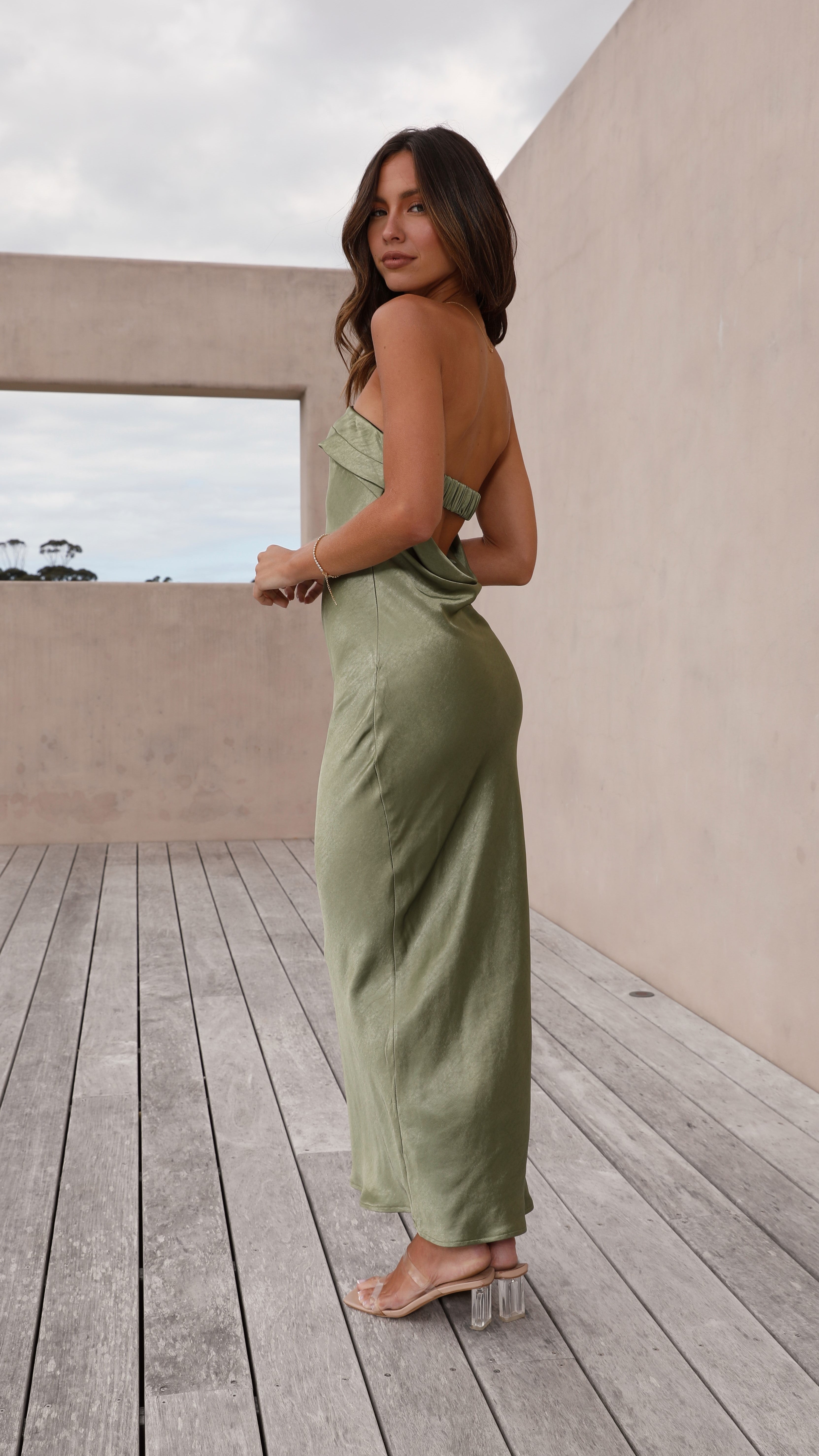 Gisele Maxi Dress for Women - Olive Green Flowy Long Dress with Side Slits, Summer Beach Wedding Party Wear - Perfect for Vacations, Date Nights & Outdoor Events