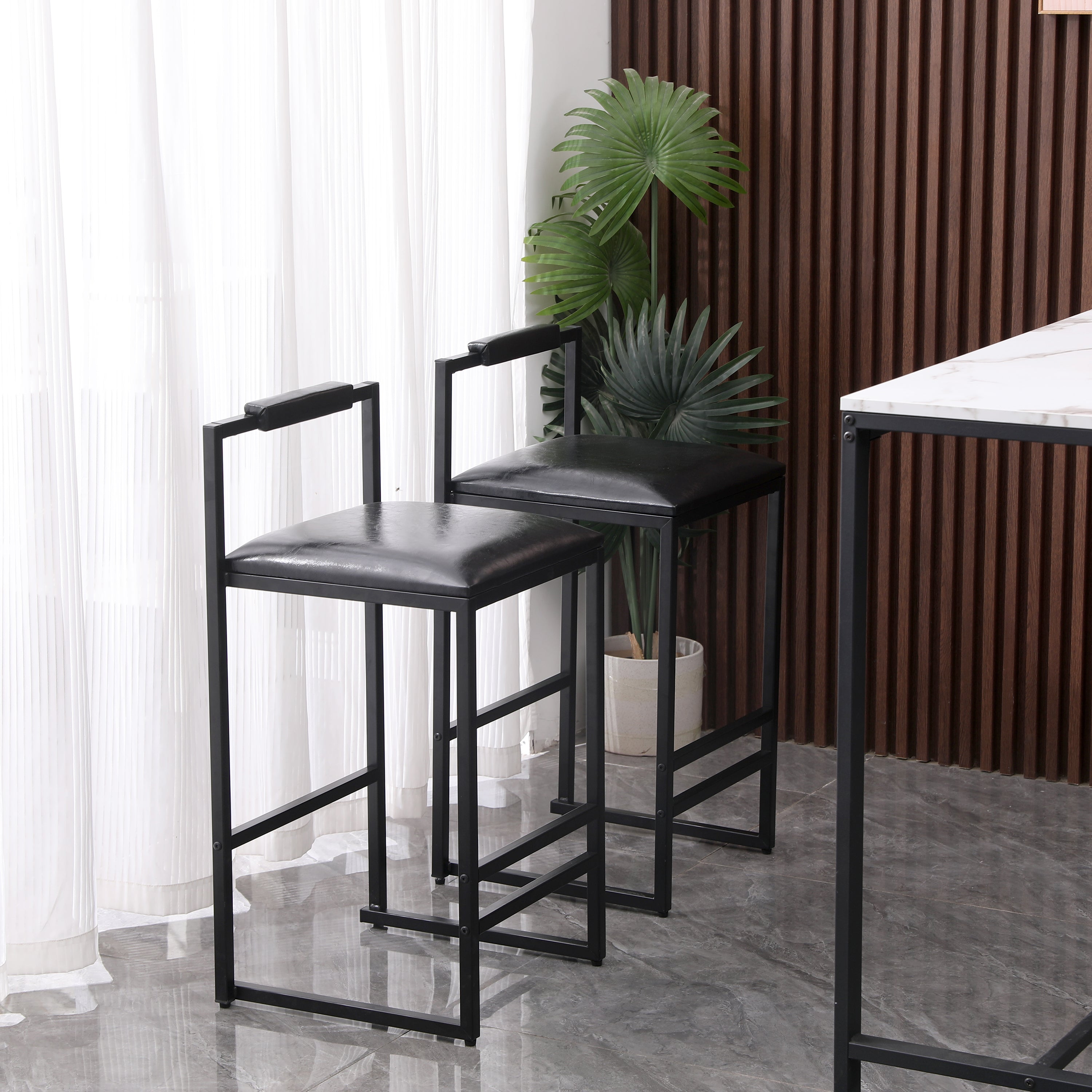 Set of 2 Black PU Leather Bar Stools with Backrest & Footrest - Counter Height Kitchen Island Stools for Home Bar, Breakfast Nook & Dining Room Decor