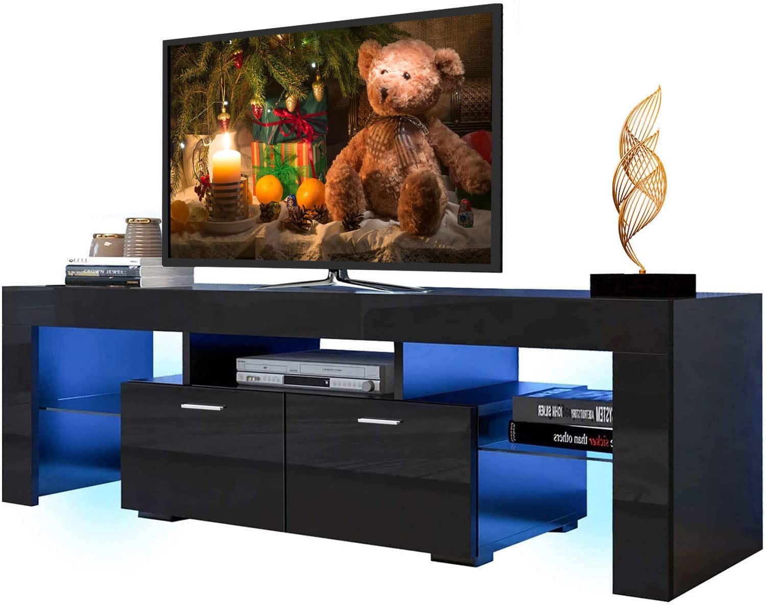 Upgrade LED TV Stand for 65 Inch TVs - 20 Minute Quick Assembly Black Entertainment Center with Storage Cabinet & LED Lights - High Gloss Media Console Table for Living Room - Perfect for Movie Nights & Gaming Setup
