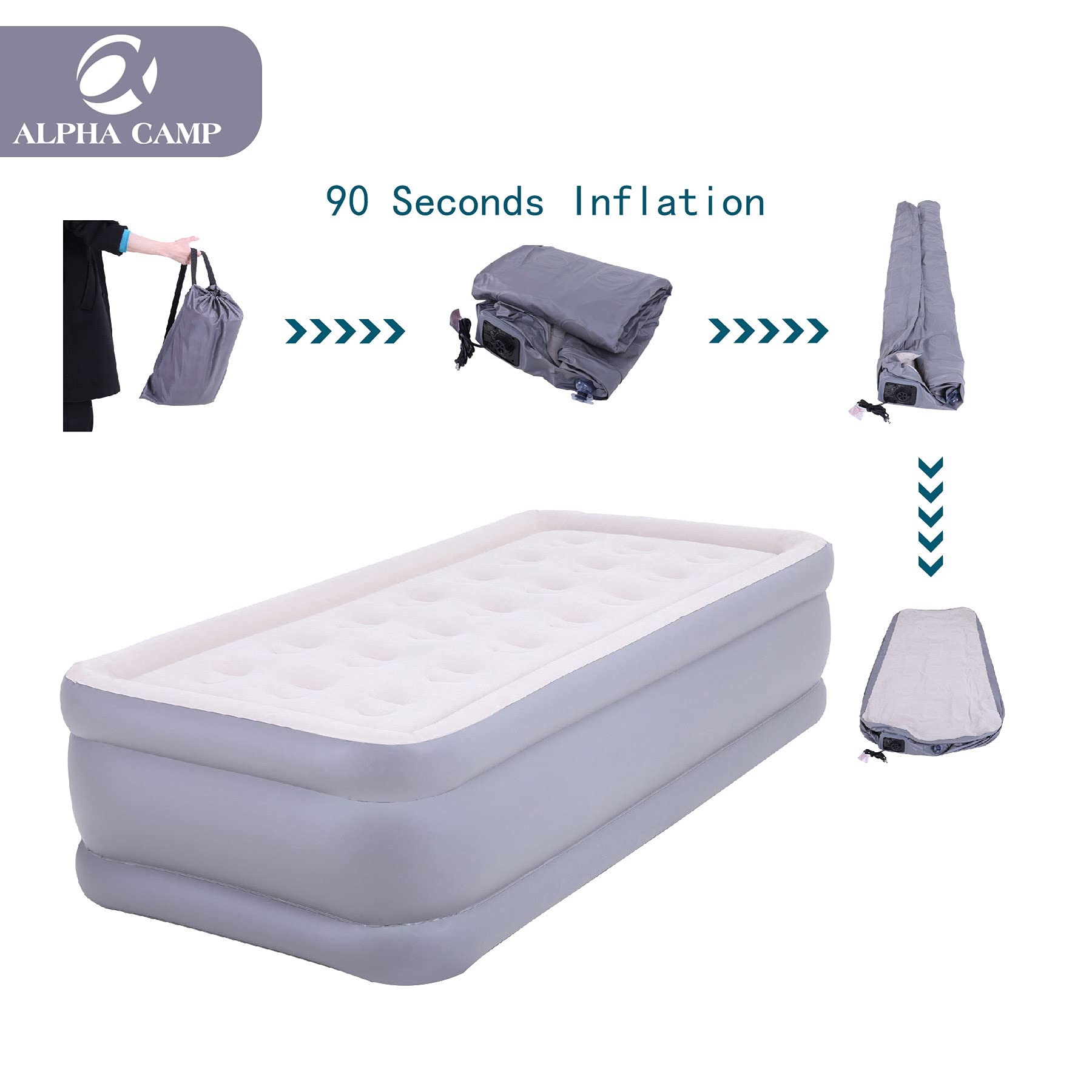 **ALPHA CAMP 18-Inch Twin Air Mattress with Built-in Pump - Double High Inflatable Airbed for Camping, Travel & Guests - Flocked Top, Storage Bag & Repair Patch Kit Included - Perfect for Home, Outdoor & Emergency Use**