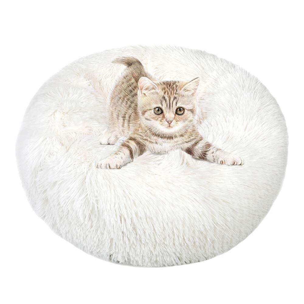 Otoez Round Donut Dog Bed for Small Dogs & Cats - Washable Fluffy Plush Anti-Anxiety Pet Bed with Non-Slip Waterproof Bottom (23.6 Inches, White) - Perfect for Calming Nervous Pets in Living Room or Bedroom