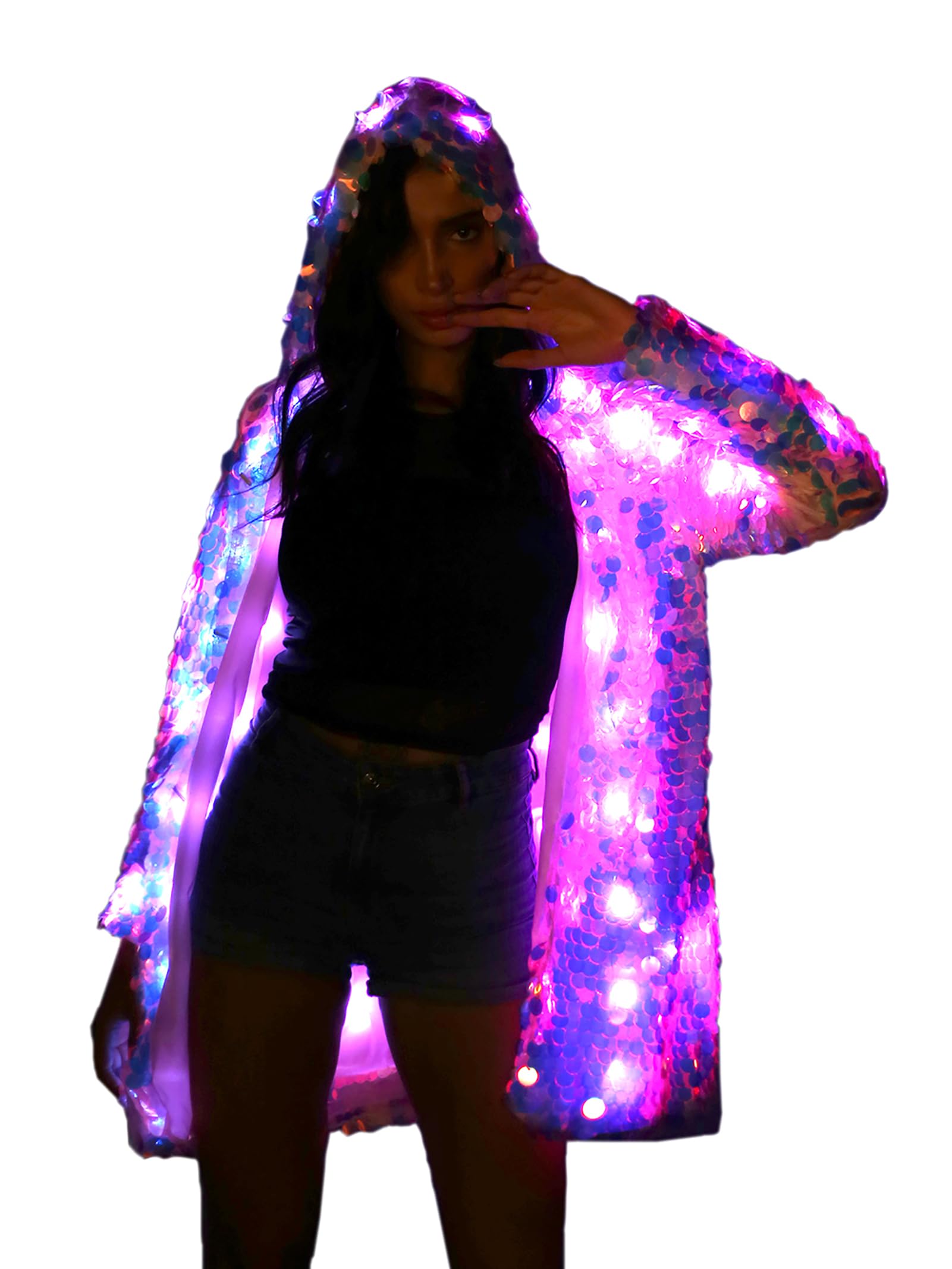 LED Light Up Sequin Jacket for Women - Sparkly Coat with LED Lights for Rave, Festival & Party Outfits - Perfect for Halloween, Concerts, Nightclubs and Special Events
