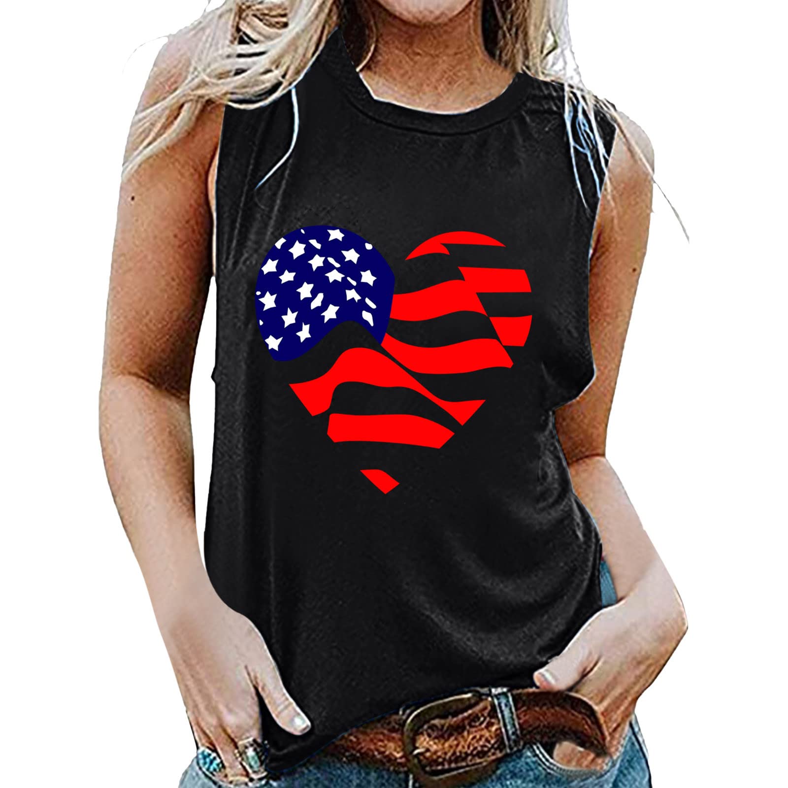 Women's Sleeveless Round Neck Printed Tank Tops - Casual Summer Blouses for Independence Day & Everyday Wear | Breathable Comfort for Beach, Party & Office Outfits