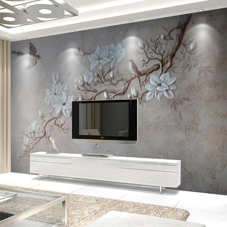 Tree Branch with White Flowers Wallpaper - Nature-Inspired Prints for Home & Office Decor | Perfect for Living Room, Bedroom, and Nursery