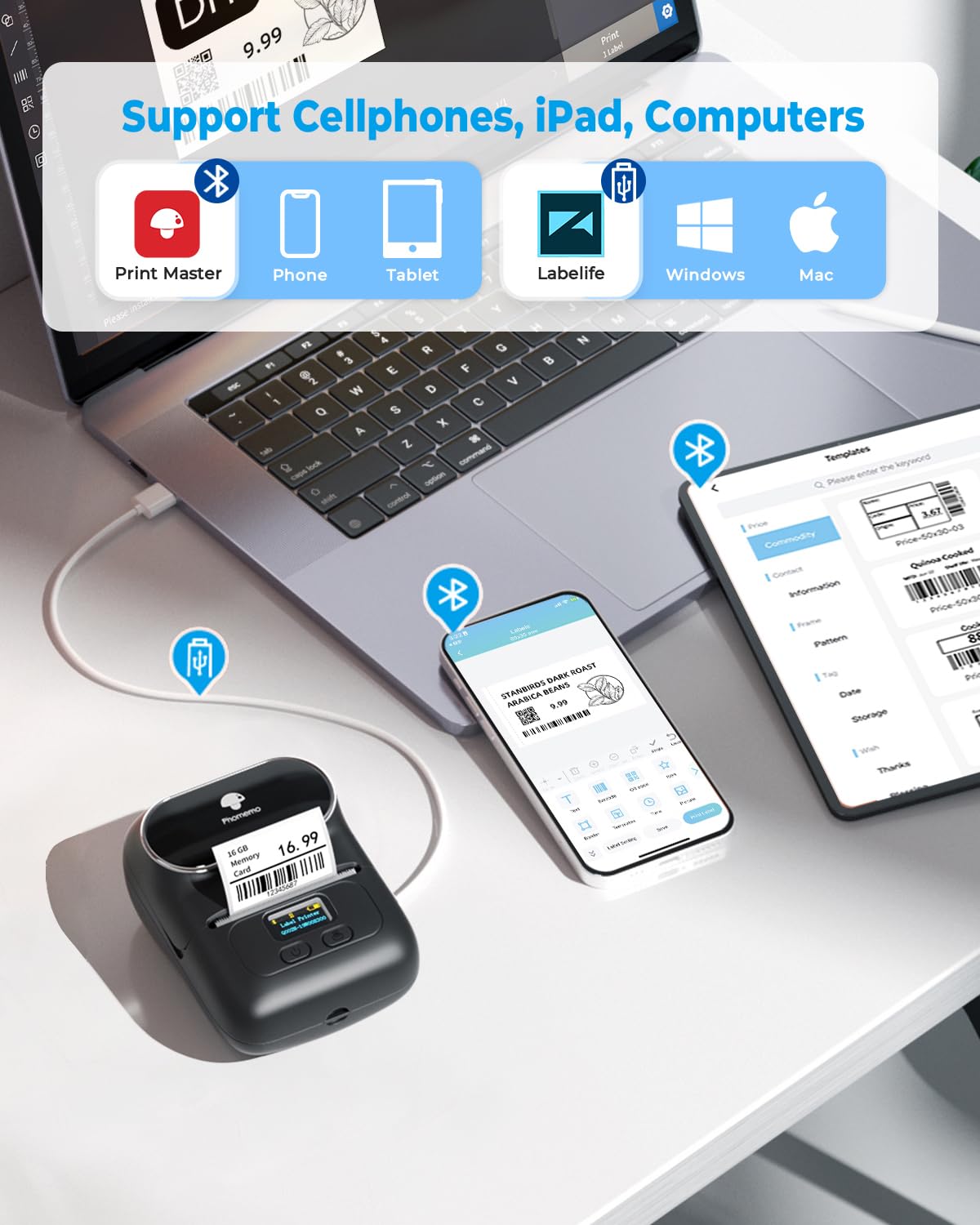 Phomemo M110 Bluetooth Thermal Label Printer - No Ink Portable Barcode Sticker Maker for Small Business, Shipping, Address & Office Use - Compatible with PC, Mac (USB) & Phone - Includes 100 Labels (Ebony Black) - Perfect for E-commerce, Inventory Management & Home Organization